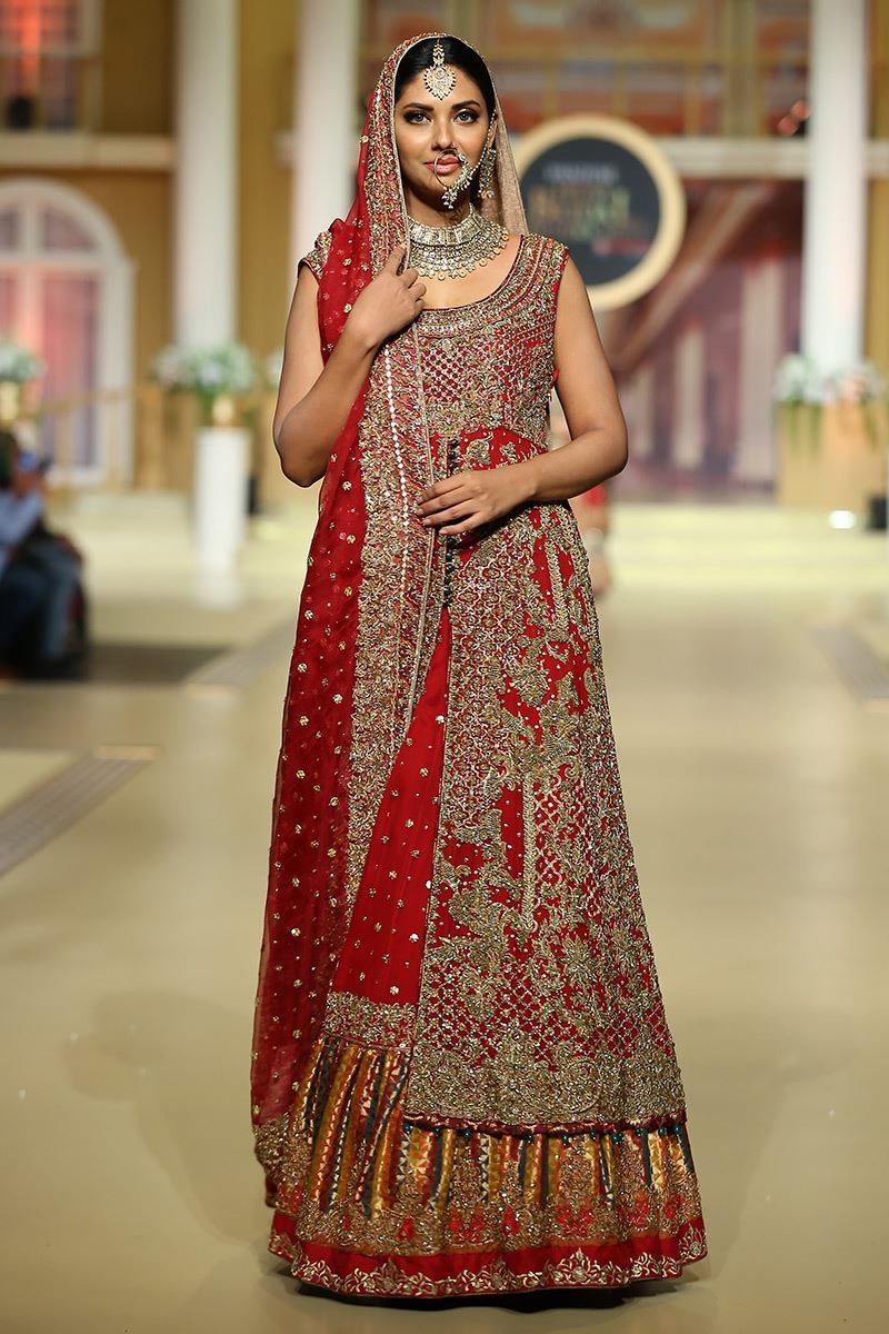 Pakistani Red Antique Gold Embroidered Chiffon Lehenga Gown (3-Piece) - Image 1