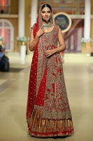 Pakistani Red Antique Gold Embroidered Chiffon Lehenga Gown (3-Piece) - Image 2