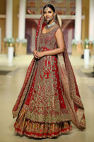 Pakistani Red Antique Gold Embroidered Chiffon Lehenga Gown (3-Piece) - Image 3