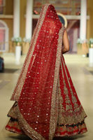 Pakistani Red Antique Gold Embroidered Chiffon Lehenga Gown (3-Piece) - Image 4