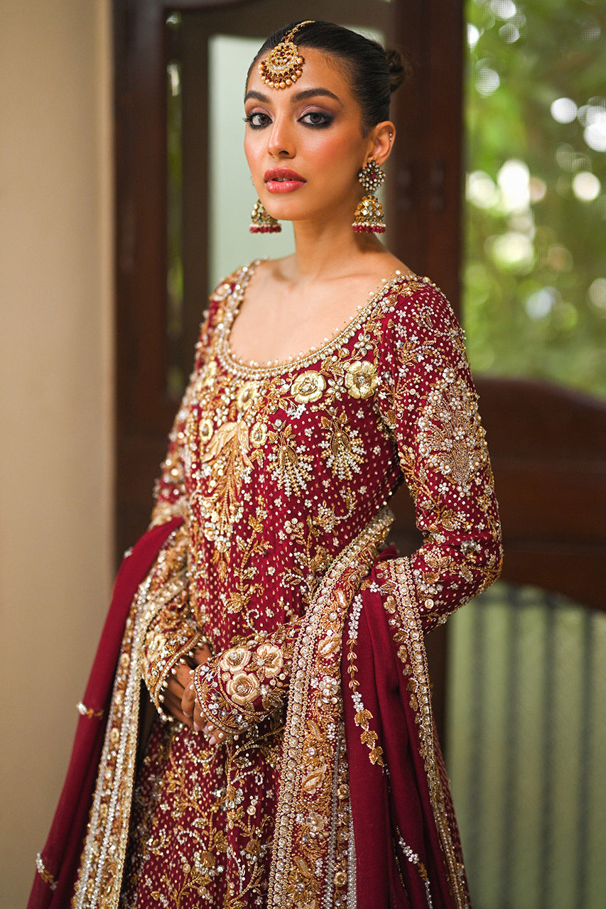 Crimson Zardozi Cotton Net & Brocade Bridal Lehenga (3-Piece) - Image 1