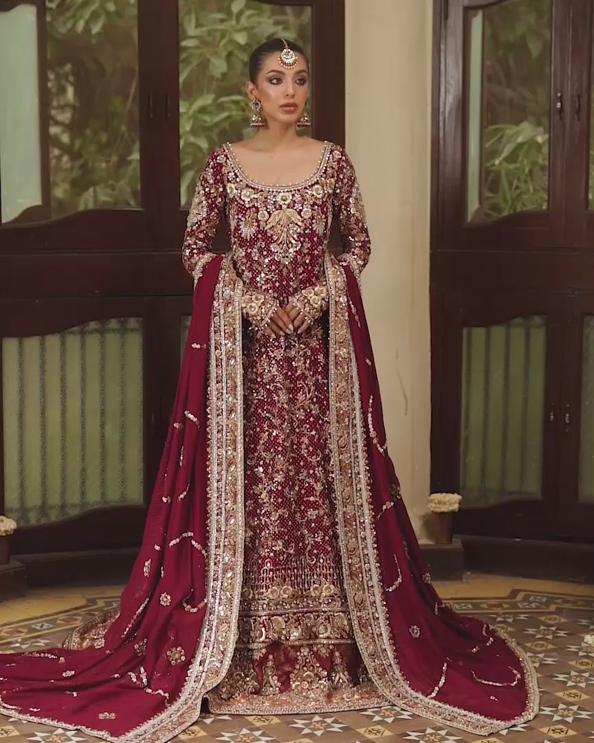 Crimson Zardozi Cotton Net & Brocade Bridal Lehenga (3-Piece) - Image 4