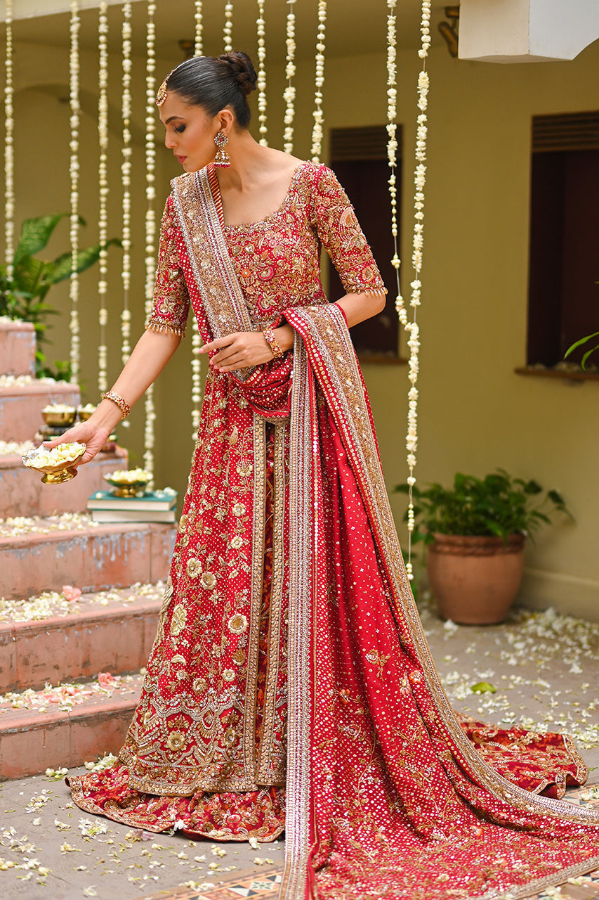 Pakistani Crimson Zardozi Cotton Net Peshwas with Brocade Lehenga (3-Piece) - Image 1