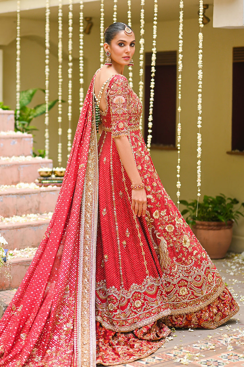 Pakistani Crimson Zardozi Cotton Net Peshwas with Brocade Lehenga (3-Piece) - Image 2
