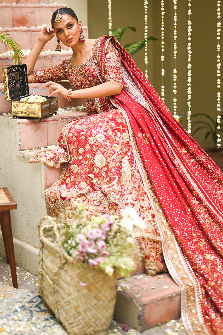 Pakistani Crimson Zardozi Cotton Net Peshwas with Brocade Lehenga (3-Piece) - Image 4