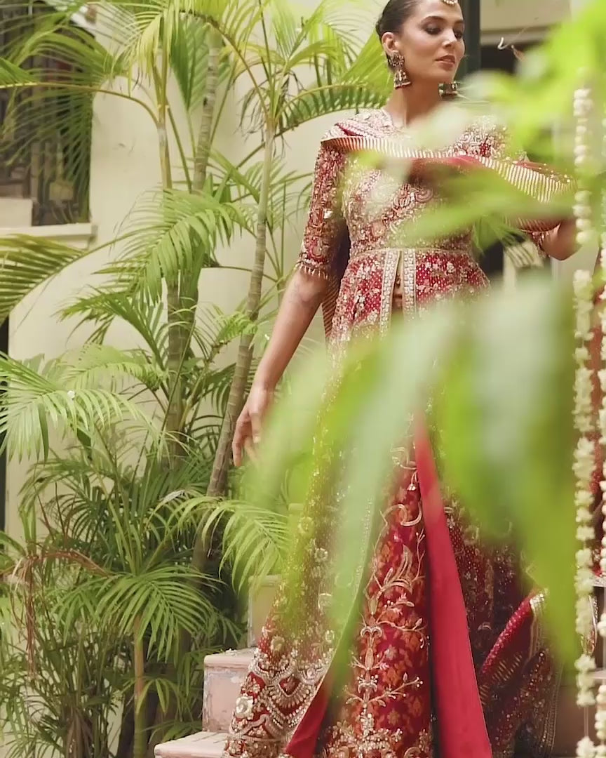 Pakistani Crimson Zardozi Cotton Net Peshwas with Brocade Lehenga (3-Piece) - Image 5