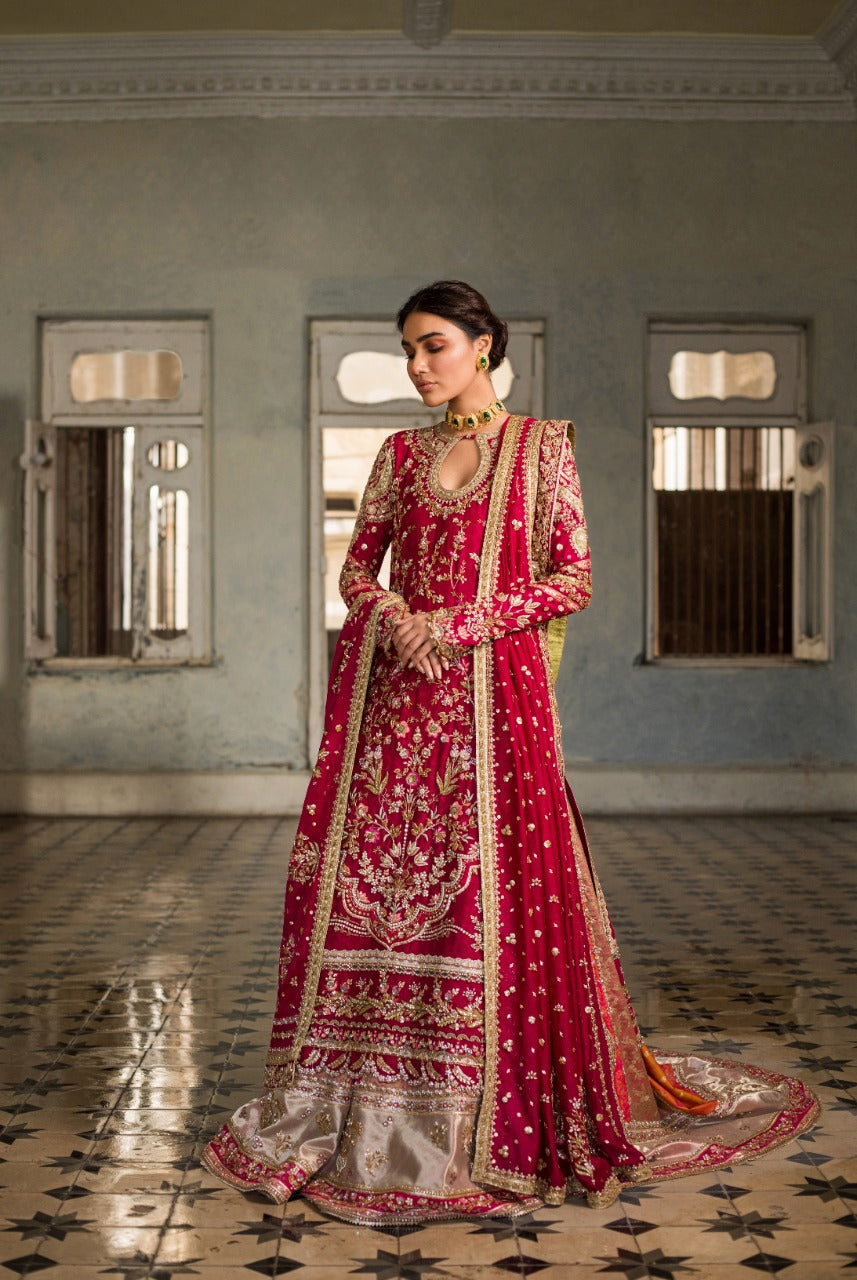 Beetroot Embroidered Cotton Net Bridal Lehenga (3-Piece) - Image 1