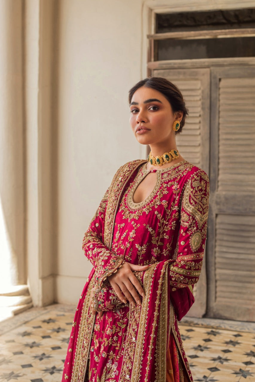 Beetroot Embroidered Cotton Net Bridal Lehenga (3-Piece) - Image 3