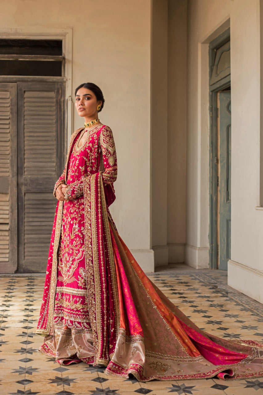 Beetroot Embroidered Cotton Net Bridal Lehenga (3-Piece) - Image 4