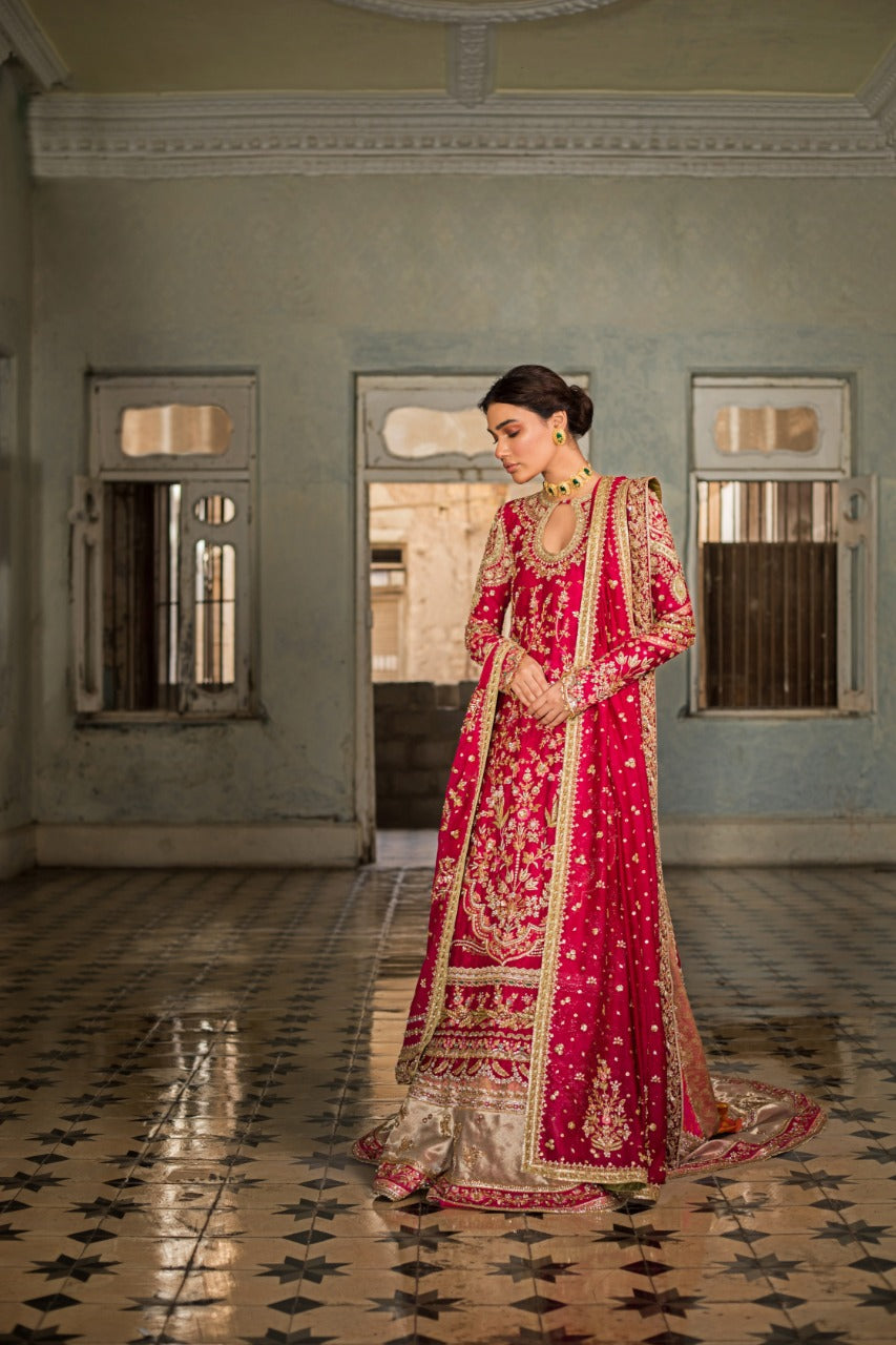 Beetroot Embroidered Cotton Net Bridal Lehenga (3-Piece) - Image 5