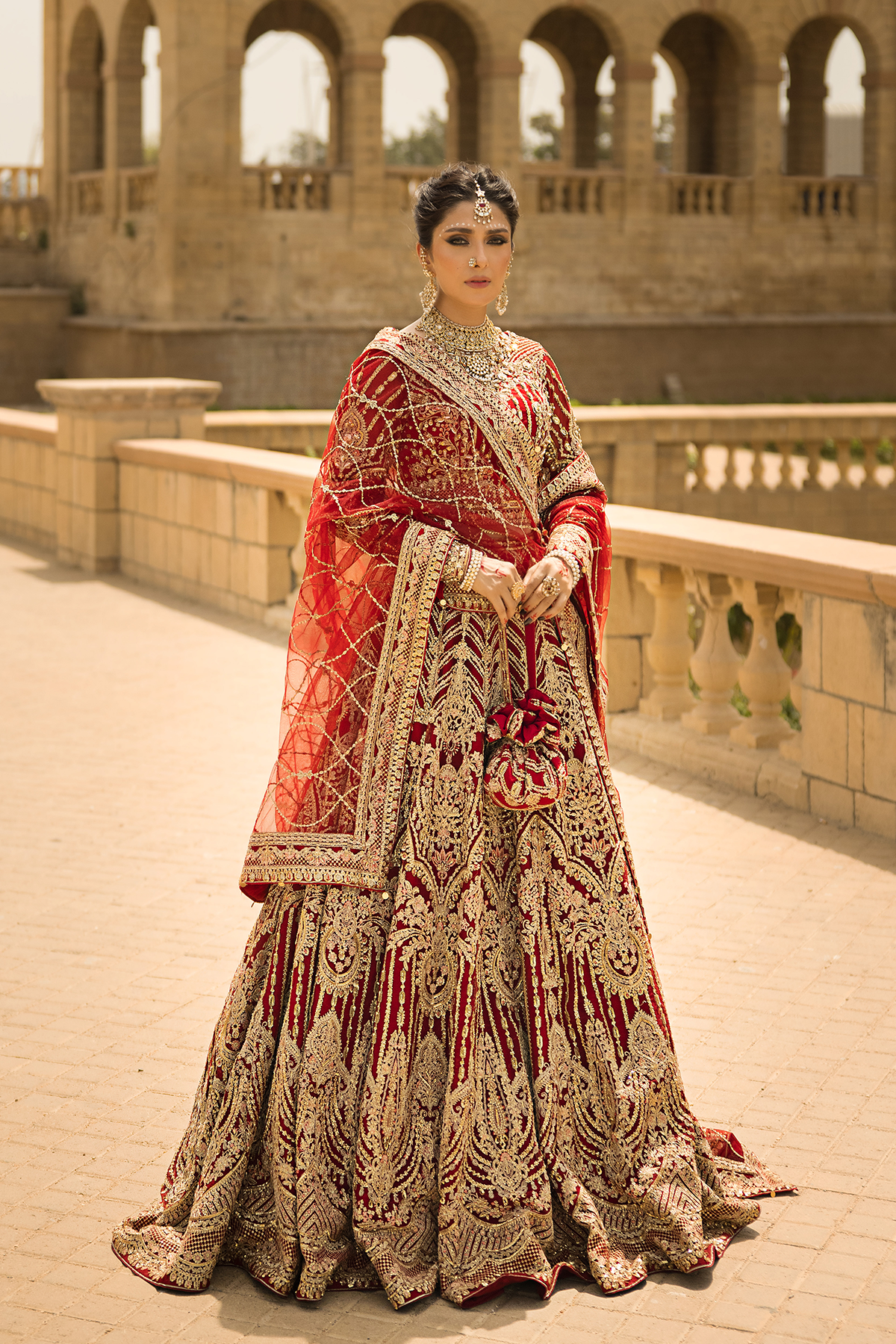 Deep Red Shikargah Embroidered Bridal Lehenga (3-Piece) - Image 1