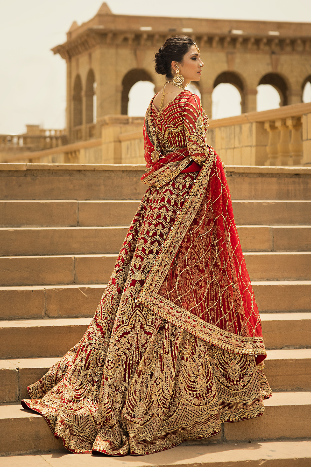 Deep Red Shikargah Embroidered Bridal Lehenga (3-Piece) - Image 2