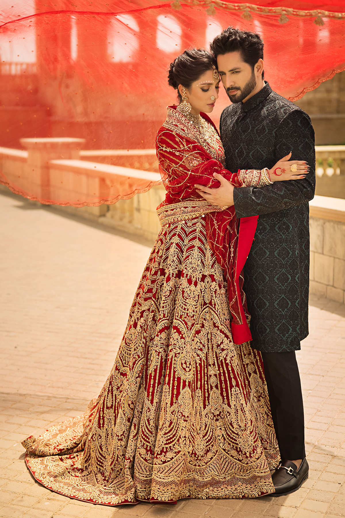 Deep Red Shikargah Embroidered Bridal Lehenga (3-Piece) - Image 3