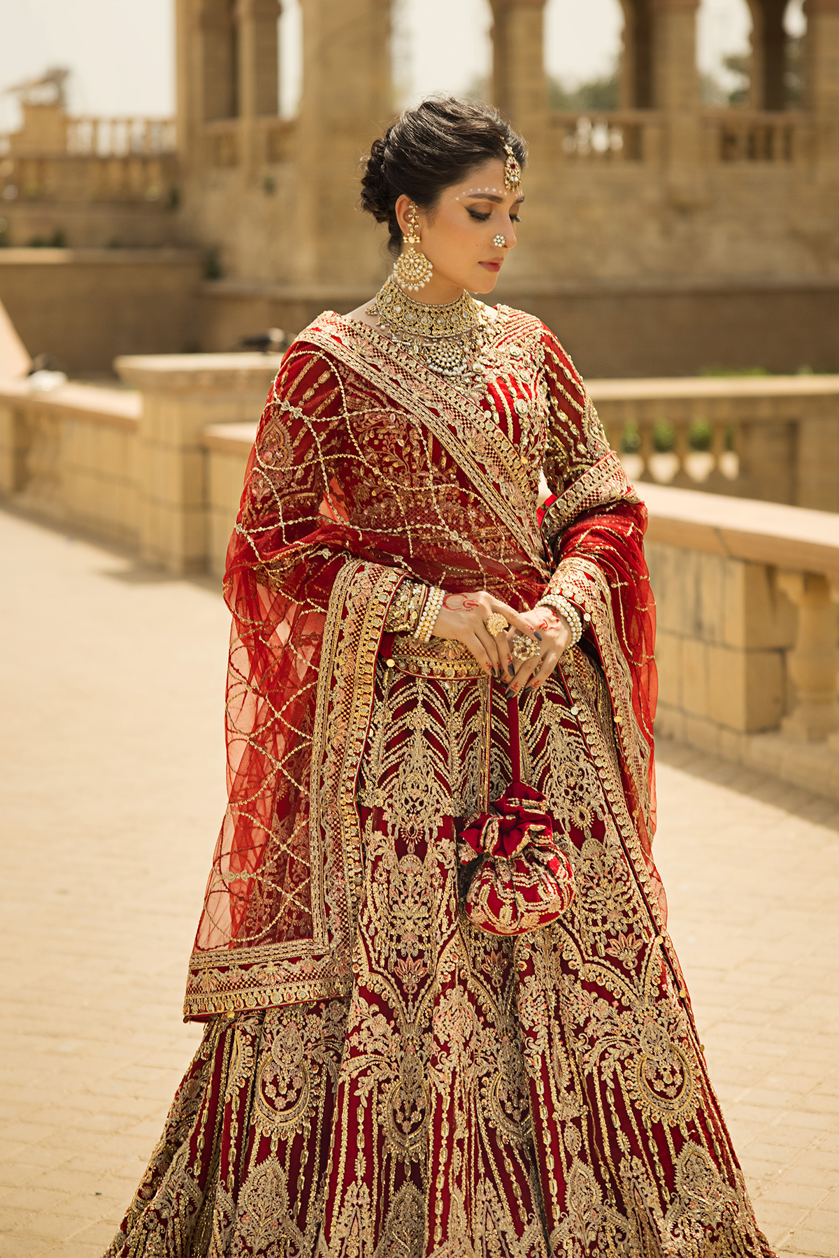 Deep Red Shikargah Embroidered Bridal Lehenga (3-Piece) - Image 5
