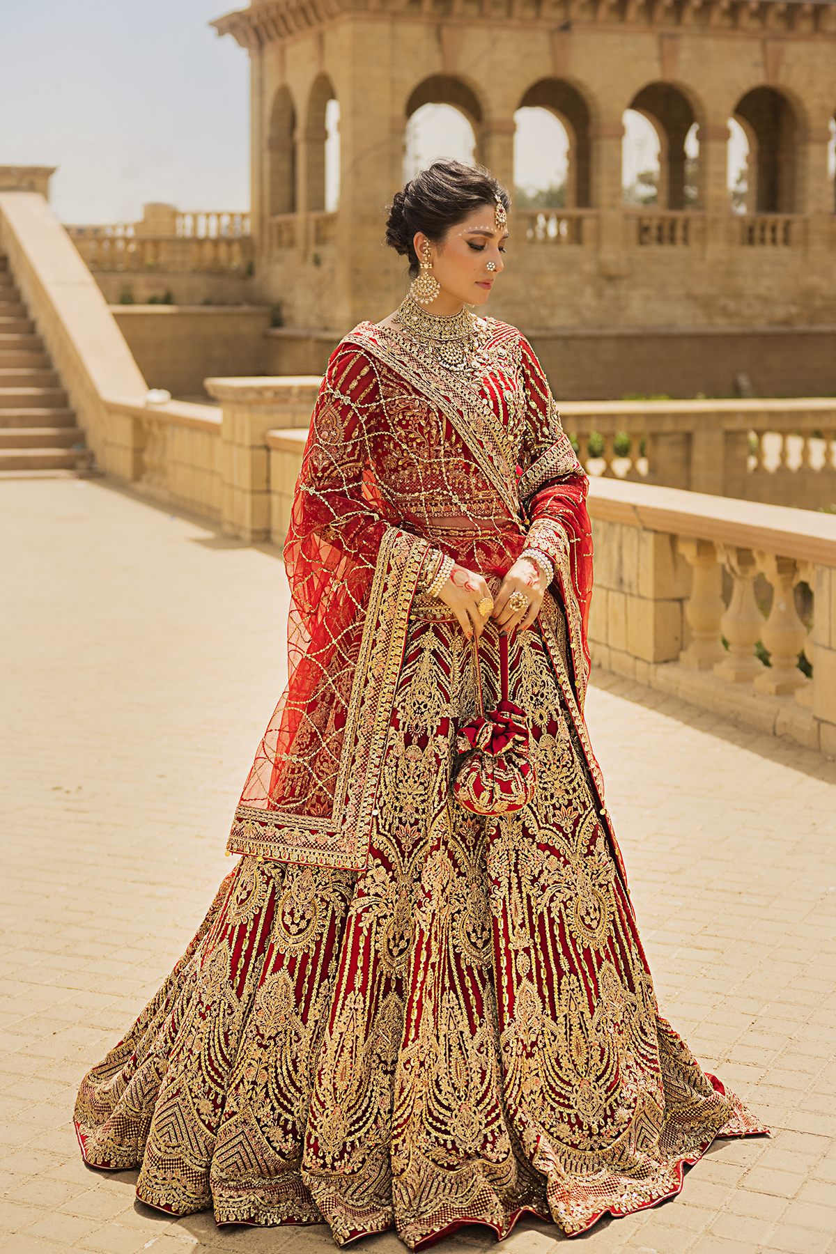 Deep Red Shikargah Embroidered Bridal Lehenga (3-Piece) - Image 6