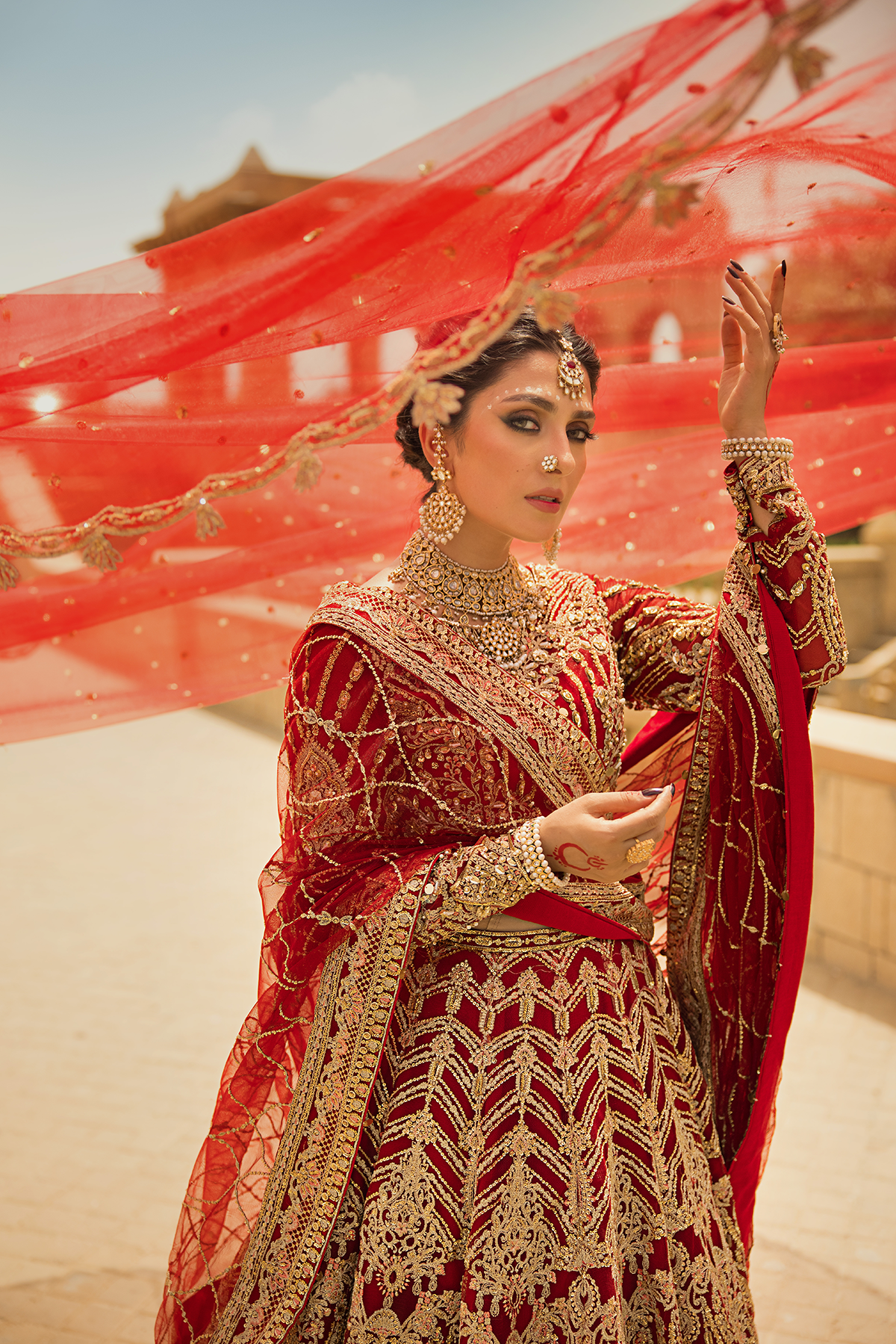 Deep Red Shikargah Embroidered Bridal Lehenga (3-Piece) - Image 9