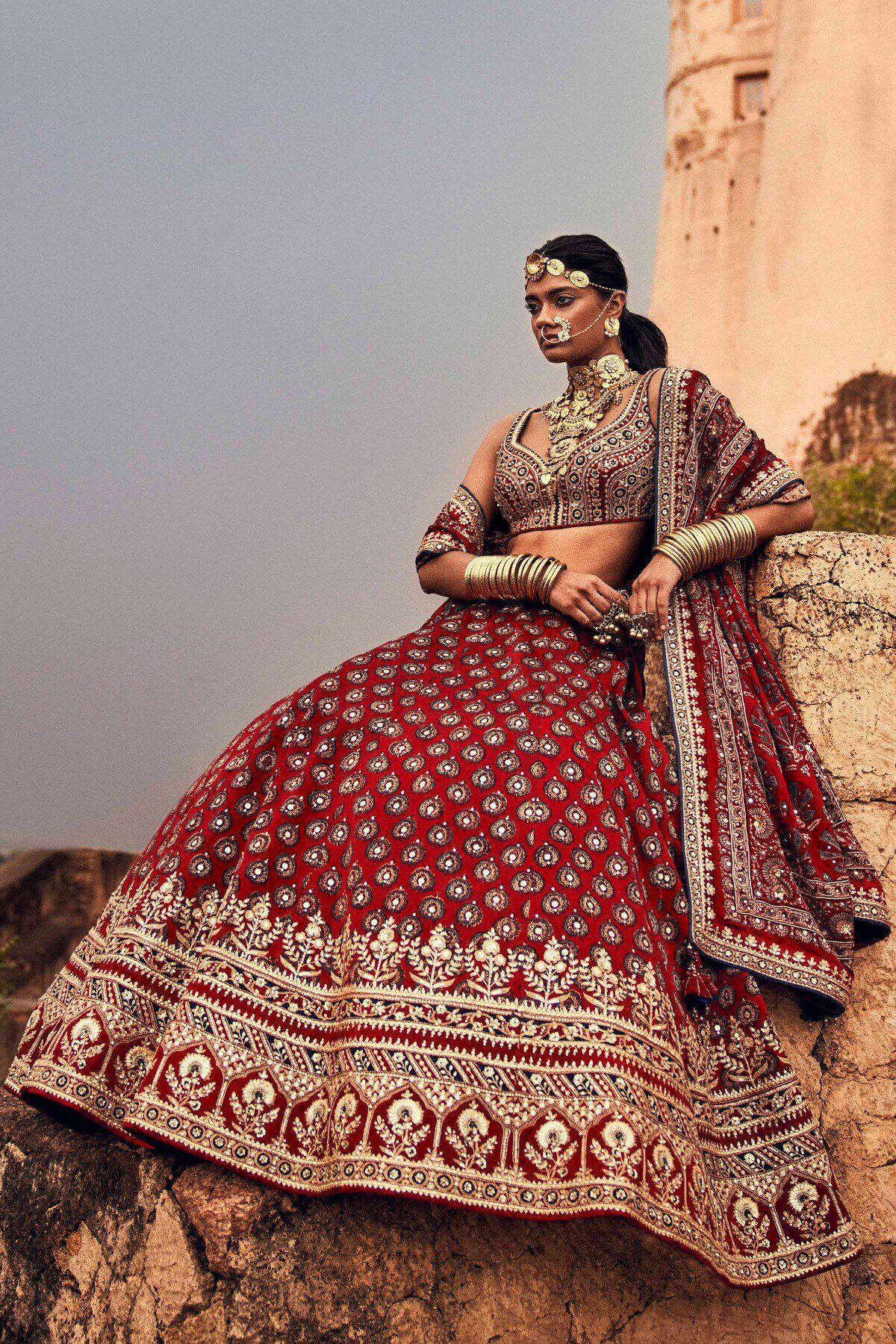 Indian Red Ajrakh Embroidered Cotton-Viscose Bridal Lehenga (3-Piece) - Image 2