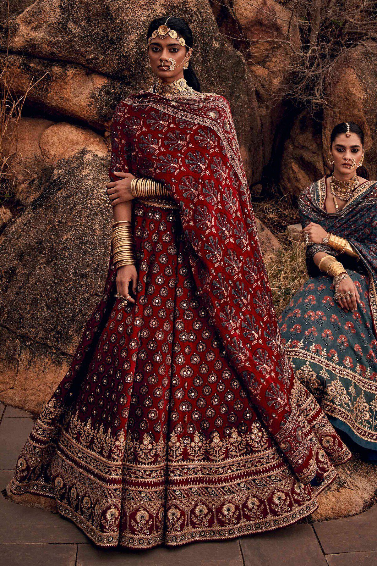 Indian Red Ajrakh Embroidered Cotton-Viscose Bridal Lehenga (3-Piece) - Image 4