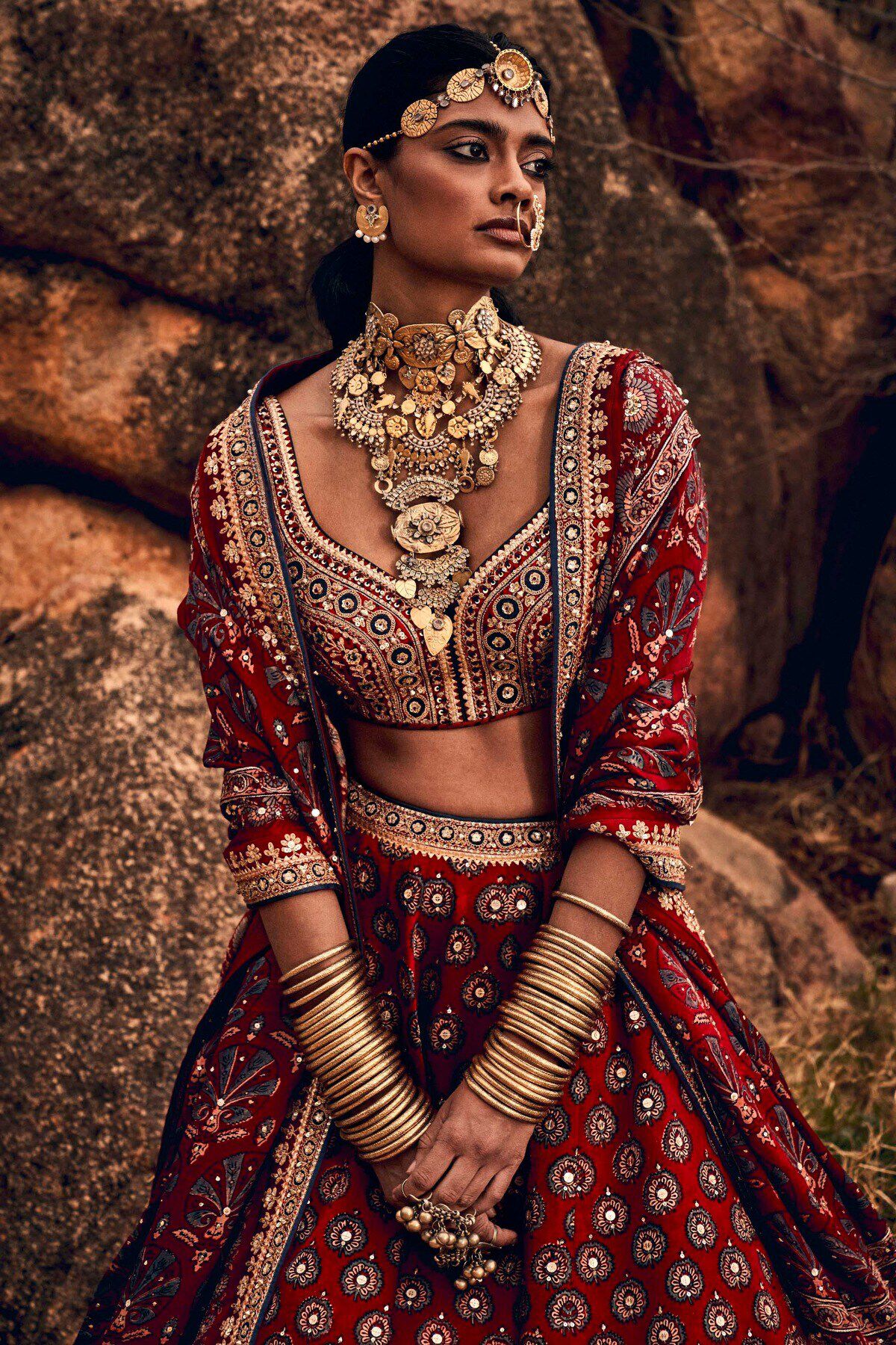 Indian Red Ajrakh Embroidered Cotton-Viscose Bridal Lehenga (3-Piece) - Image 5