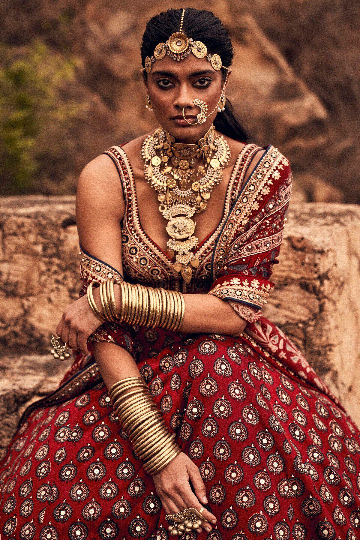 Indian Red Ajrakh Embroidered Cotton-Viscose Bridal Lehenga (3-Piece) - Image 6