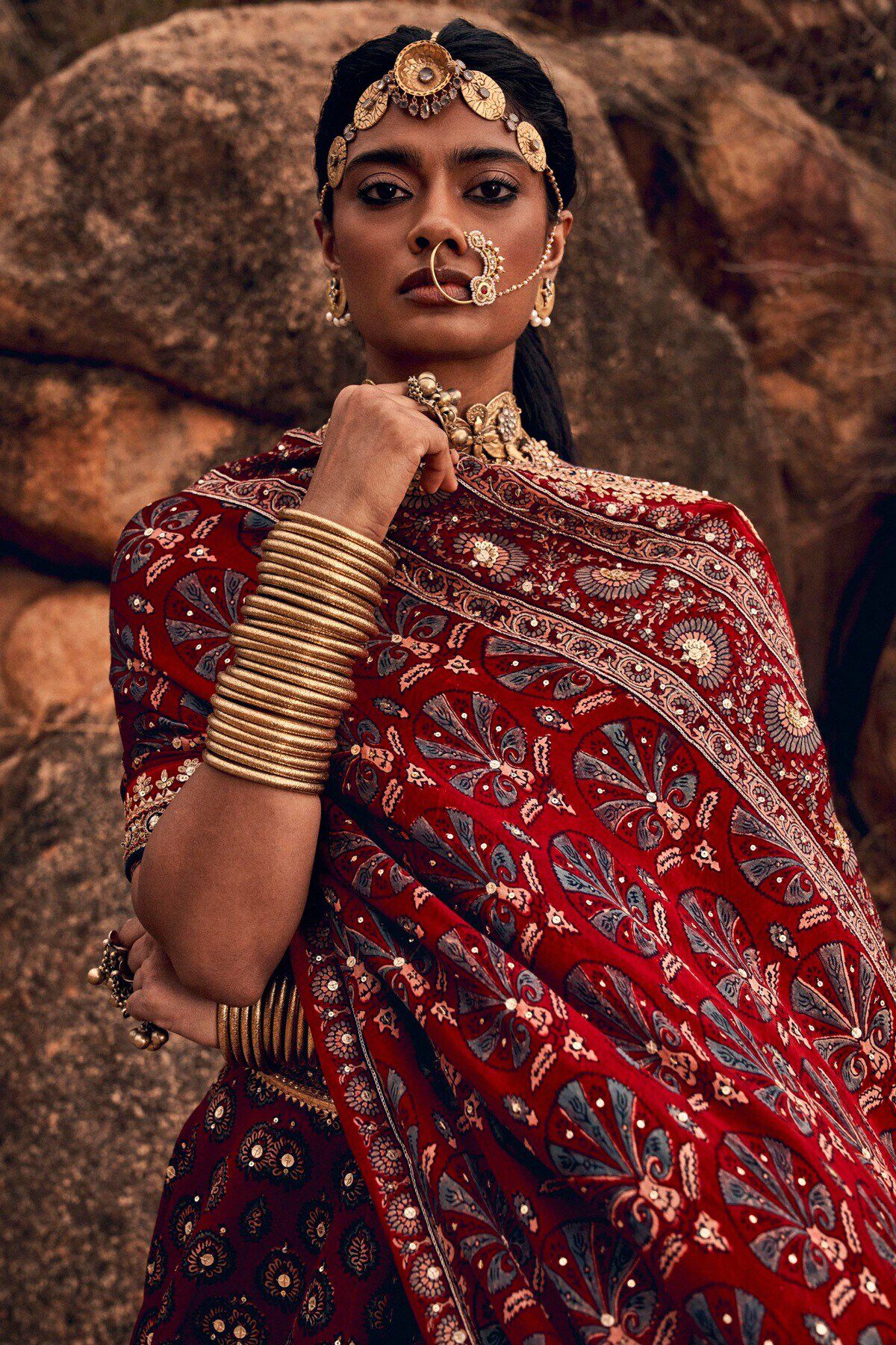 Indian Red Ajrakh Embroidered Cotton-Viscose Bridal Lehenga (3-Piece) - Image 7