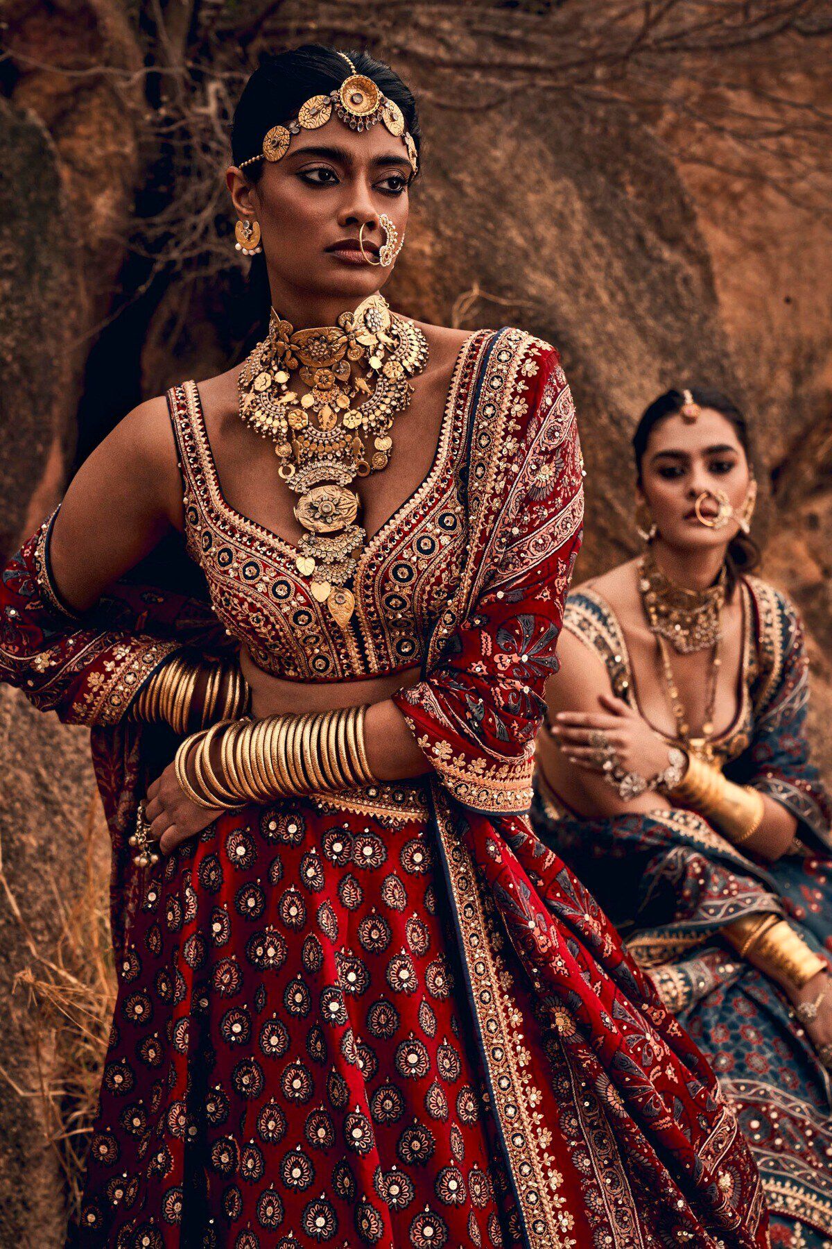 Indian Red Ajrakh Embroidered Cotton-Viscose Bridal Lehenga (3-Piece) - Image 8