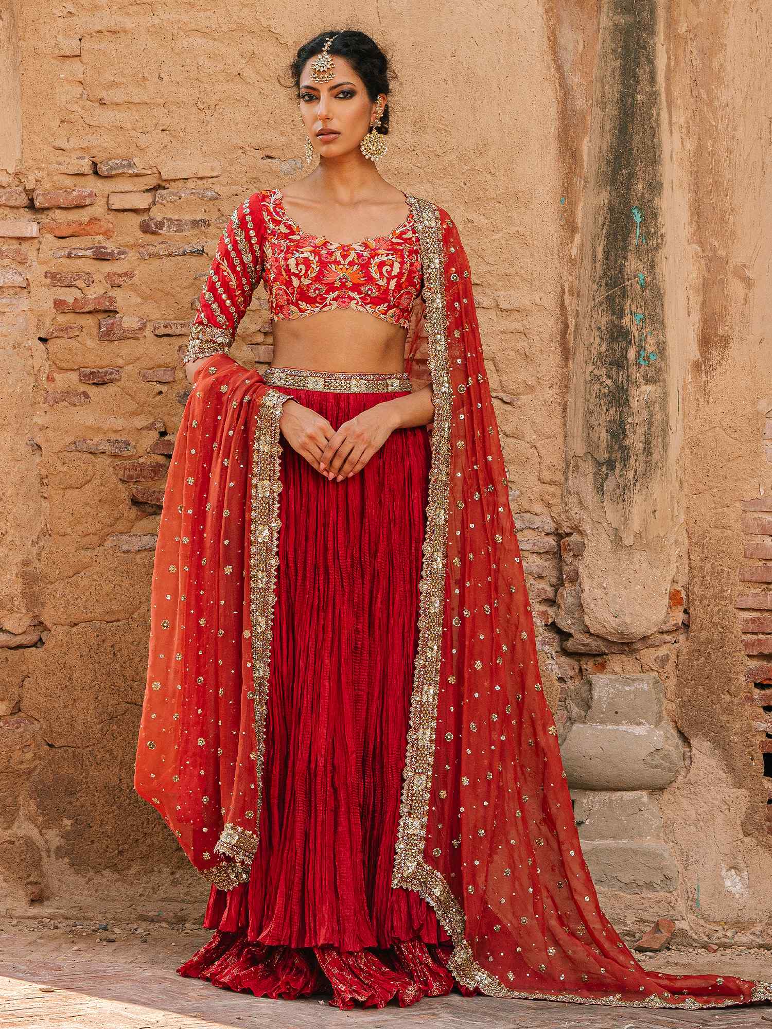 Pakistani Cherry Red Zardozi Jamawaar & Crushed Silk Lehenga (3-Piece) - Image 1