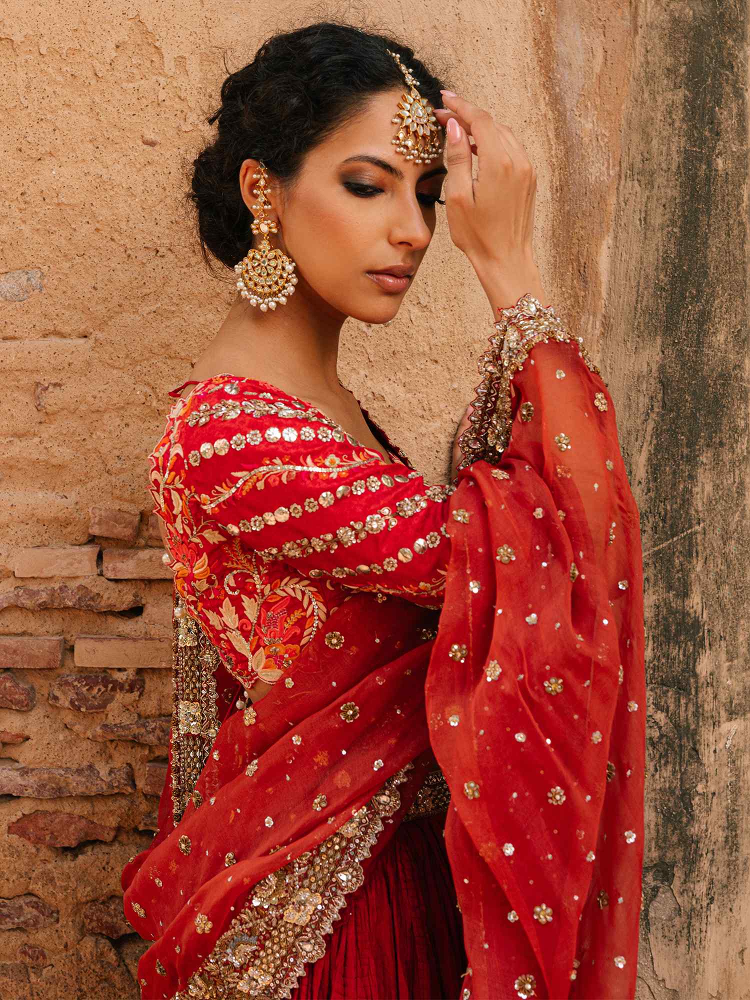 Pakistani Cherry Red Zardozi Jamawaar & Crushed Silk Lehenga (3-Piece) - Image 2