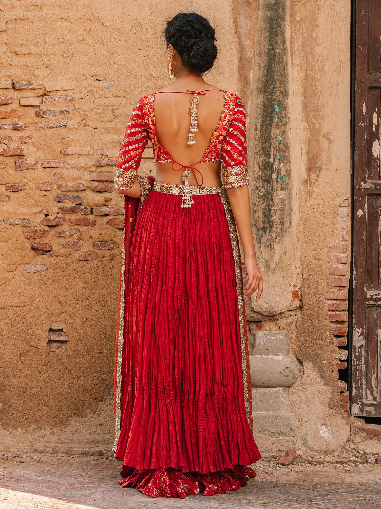 Pakistani Cherry Red Zardozi Jamawaar & Crushed Silk Lehenga (3-Piece) - Image 3