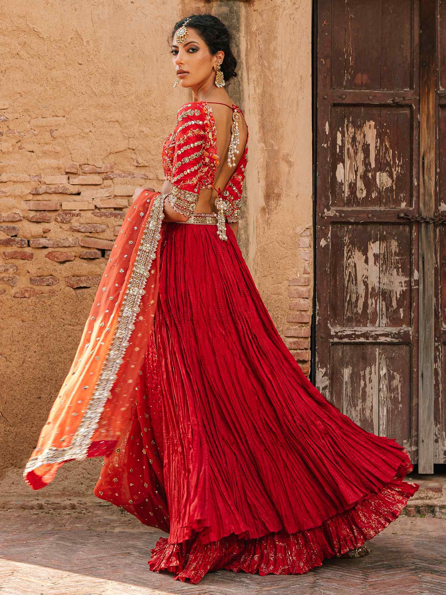 Pakistani Cherry Red Zardozi Jamawaar & Crushed Silk Lehenga (3-Piece) - Image 4