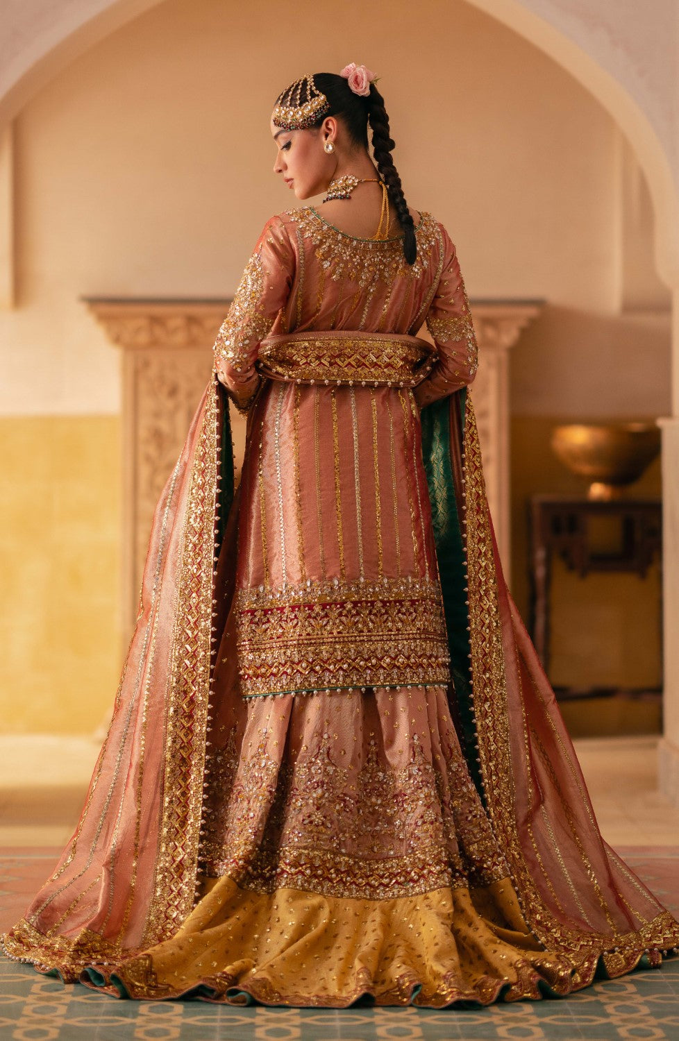 Coral Red Embellished Fancy Tissue Bridal Lehenga (3-Piece) - Image 3