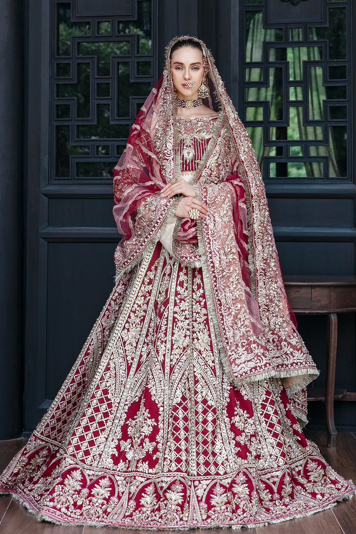 Pakistani Deep Red Embroidered Frosted Organza Lehenga (3-Piece) - Image 1