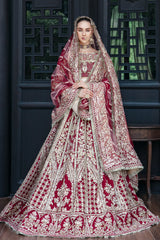 Pakistani Deep Red Embroidered Frosted Organza Lehenga (3-Piece) - Image 2
