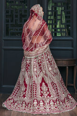 Pakistani Deep Red Embroidered Frosted Organza Lehenga (3-Piece) - Image 3