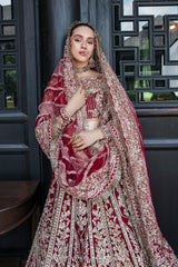 Pakistani Deep Red Embroidered Frosted Organza Lehenga (3-Piece) - Image 4