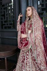Pakistani Deep Red Embroidered Frosted Organza Lehenga (3-Piece) - Image 7