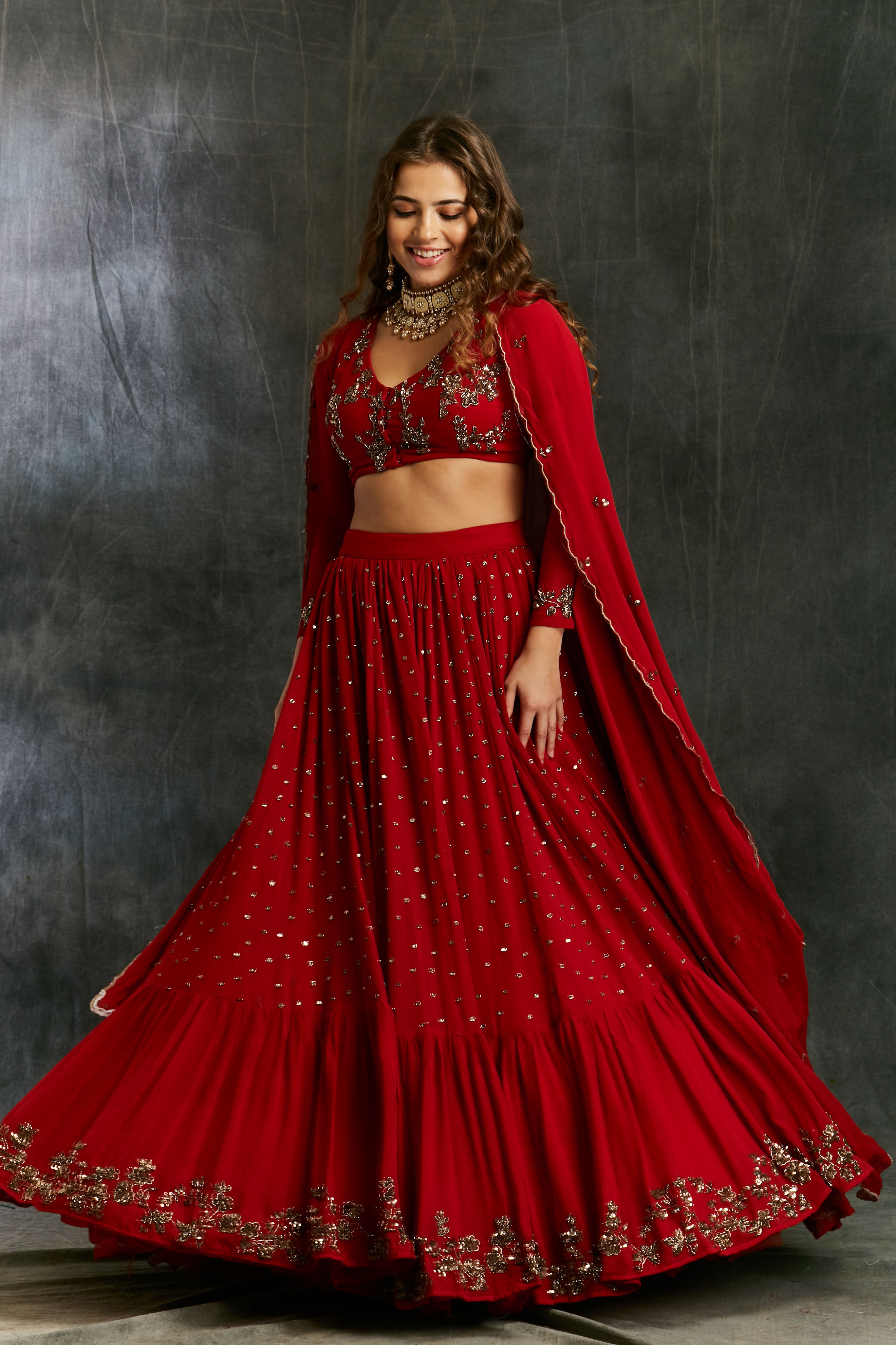 Red Booti Embroidered Georgette Lehenga (3-Piece) - Image 1