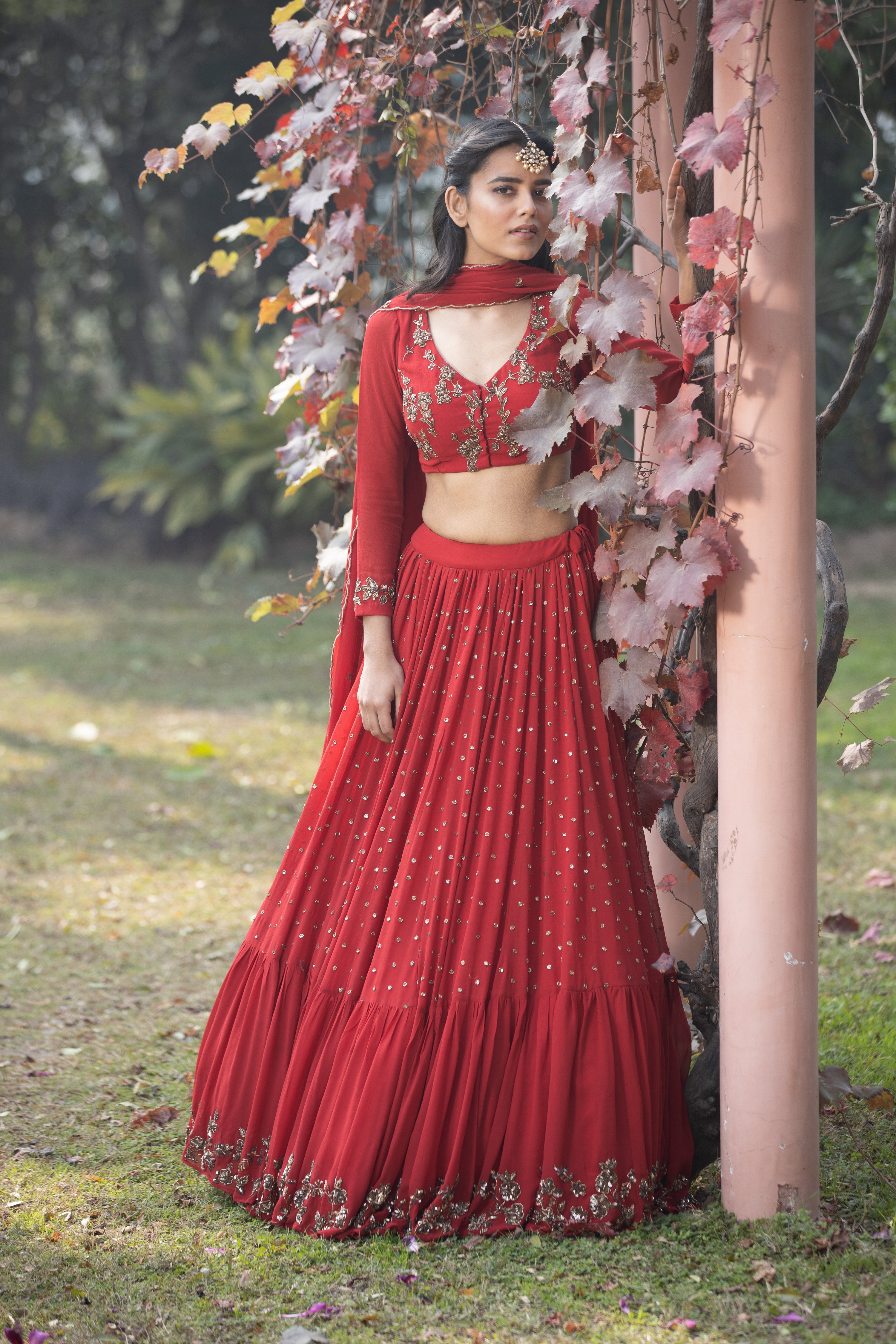 Red Booti Embroidered Georgette Lehenga (3-Piece) - Image 10