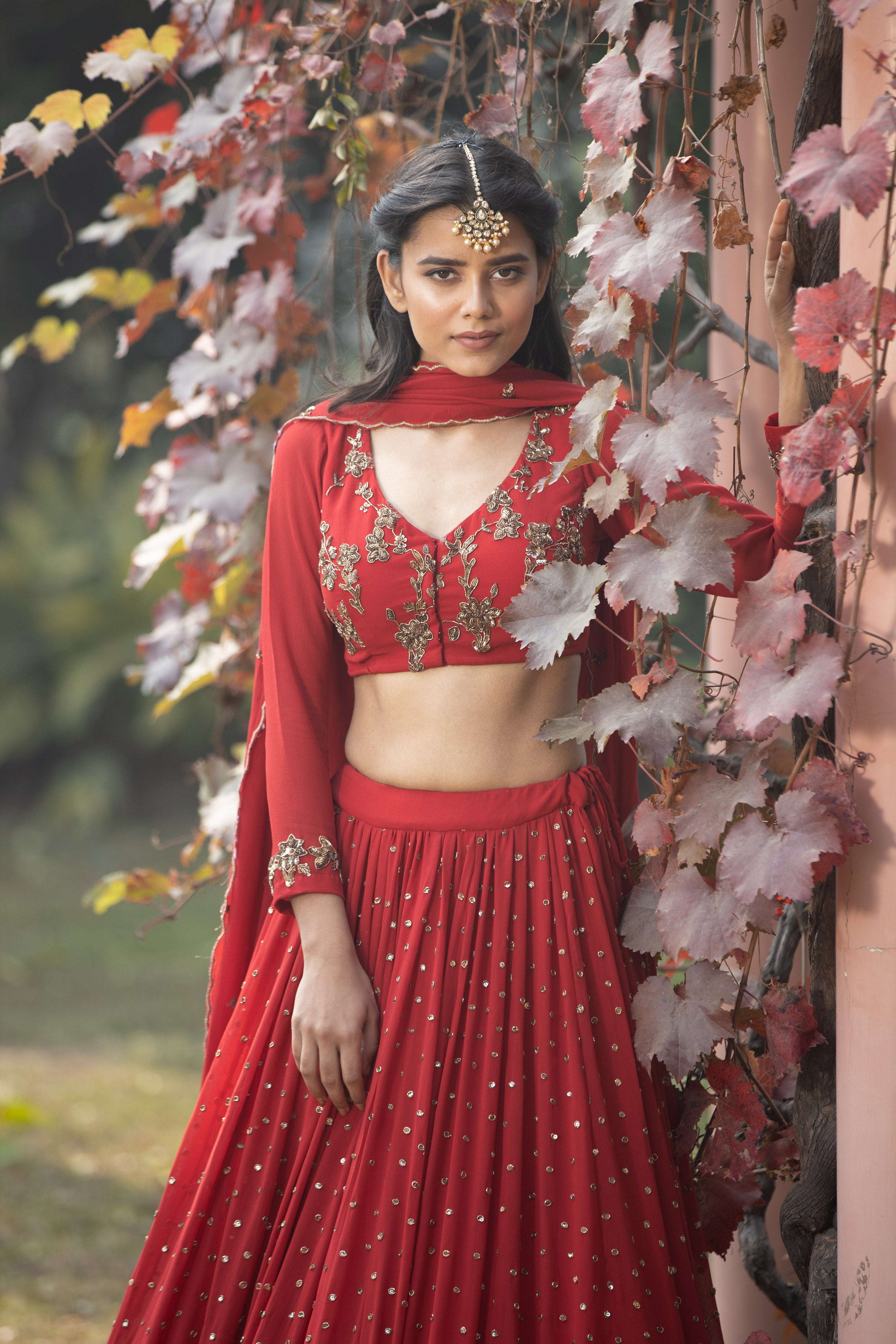 Red Booti Embroidered Georgette Lehenga (3-Piece) - Image 11