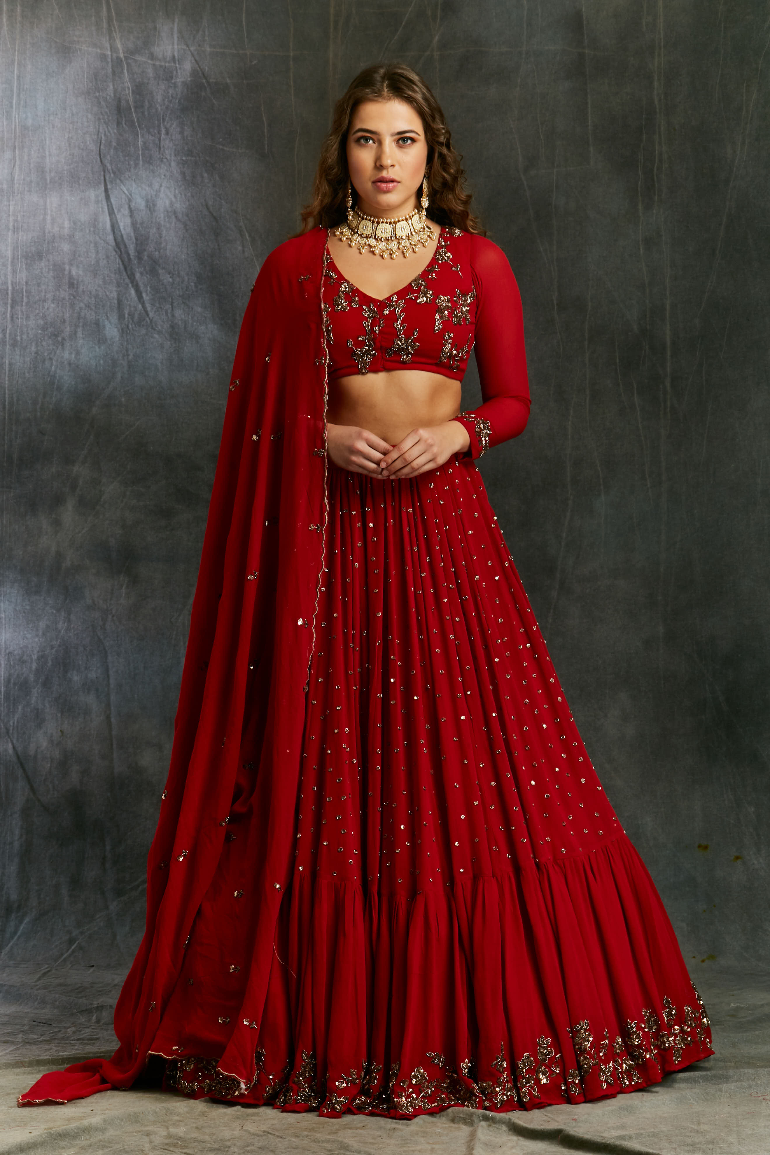 Red Booti Embroidered Georgette Lehenga (3-Piece) - Image 12