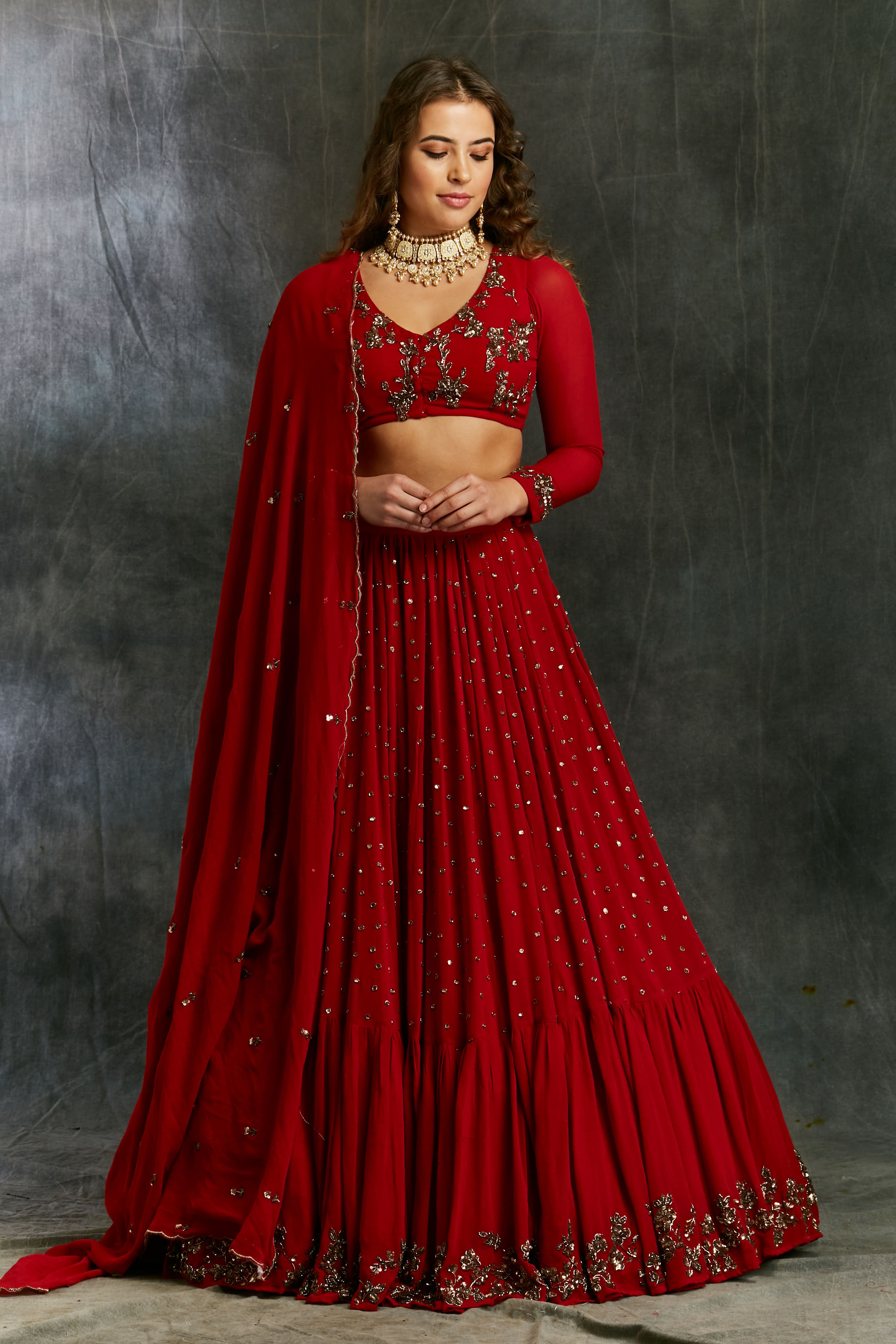 Red Booti Embroidered Georgette Lehenga (3-Piece) - Image 13