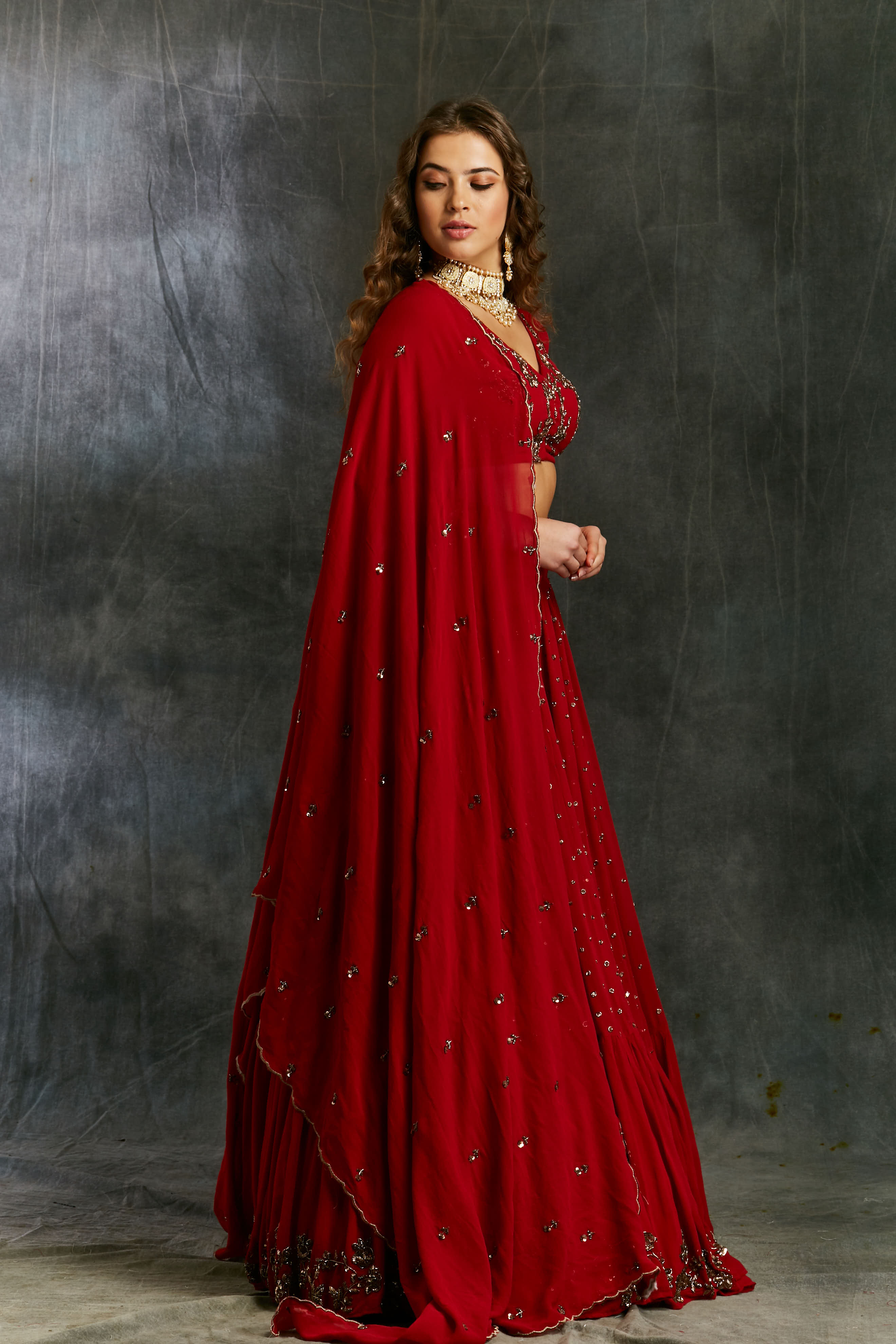 Red Booti Embroidered Georgette Lehenga (3-Piece) - Image 14