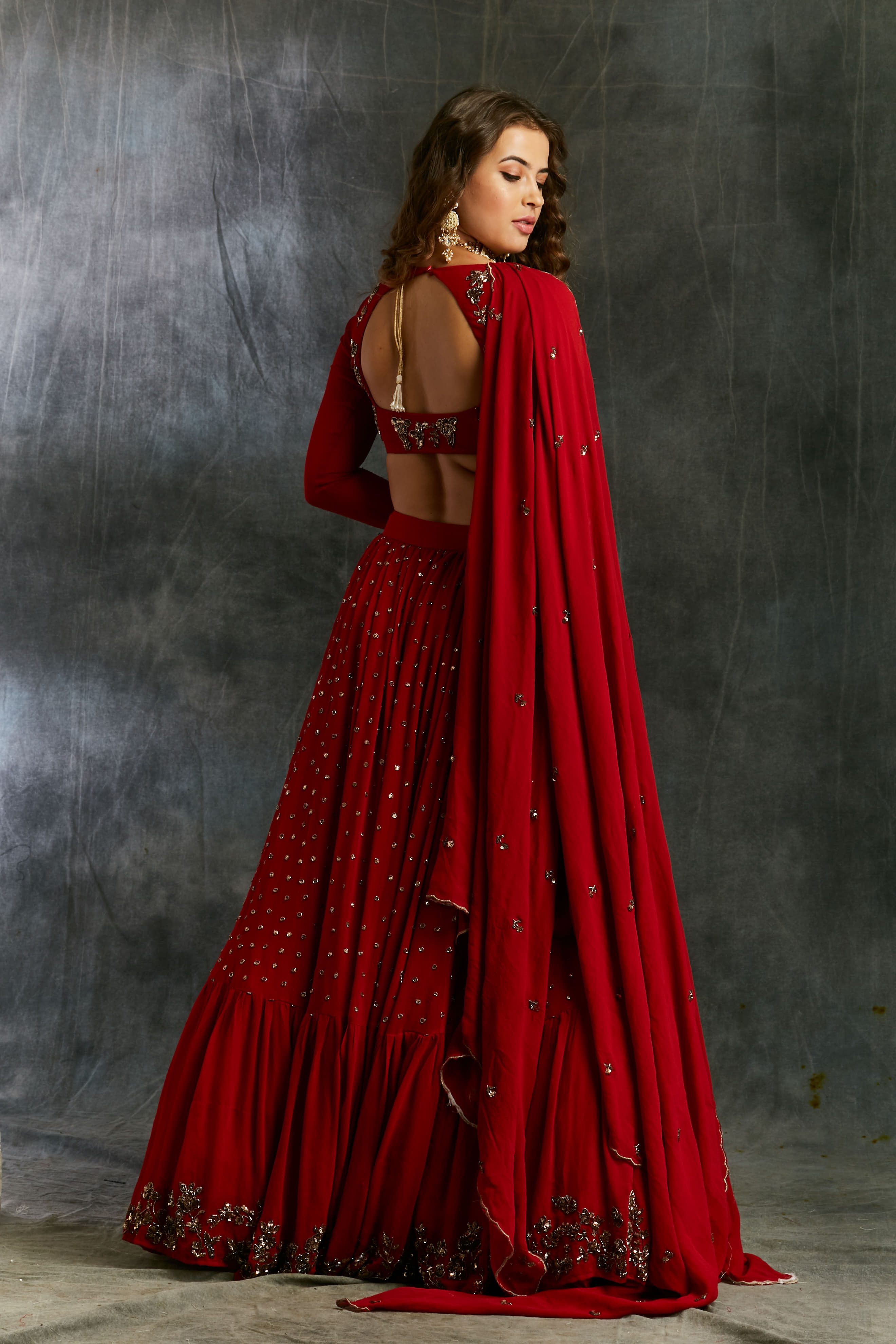 Red Booti Embroidered Georgette Lehenga (3-Piece) - Image 2