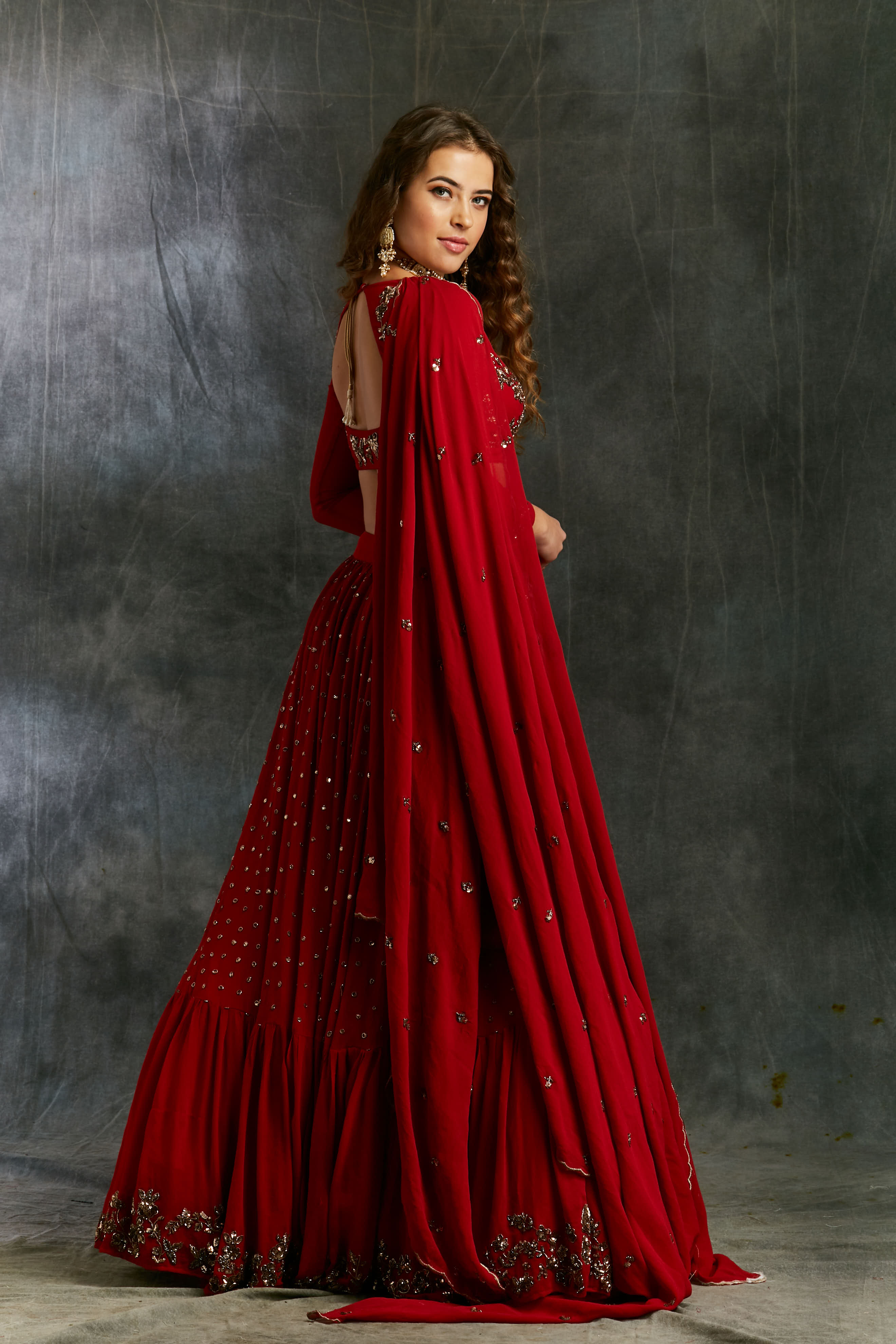 Red Booti Embroidered Georgette Lehenga (3-Piece) - Image 3