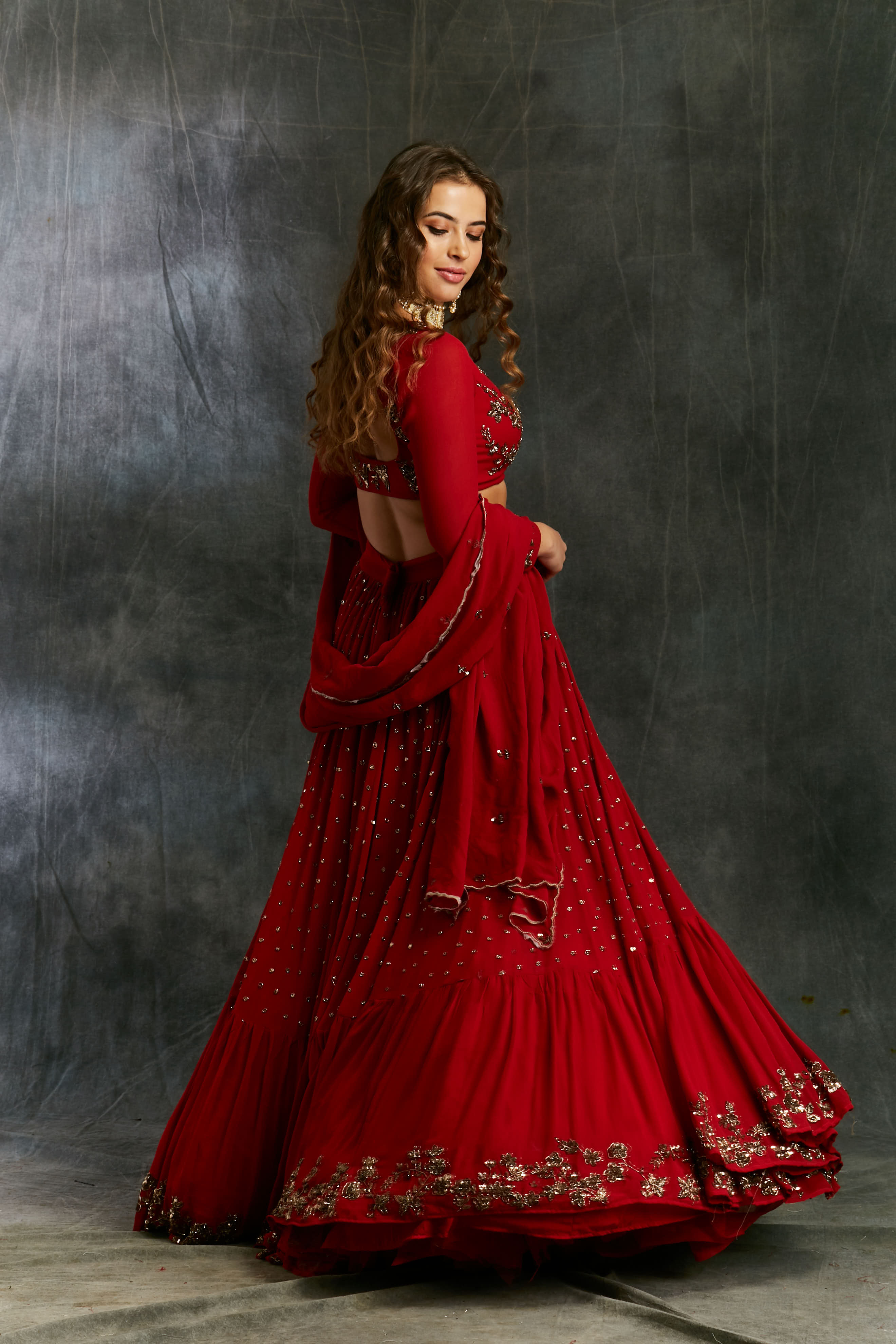 Red Booti Embroidered Georgette Lehenga (3-Piece) - Image 4