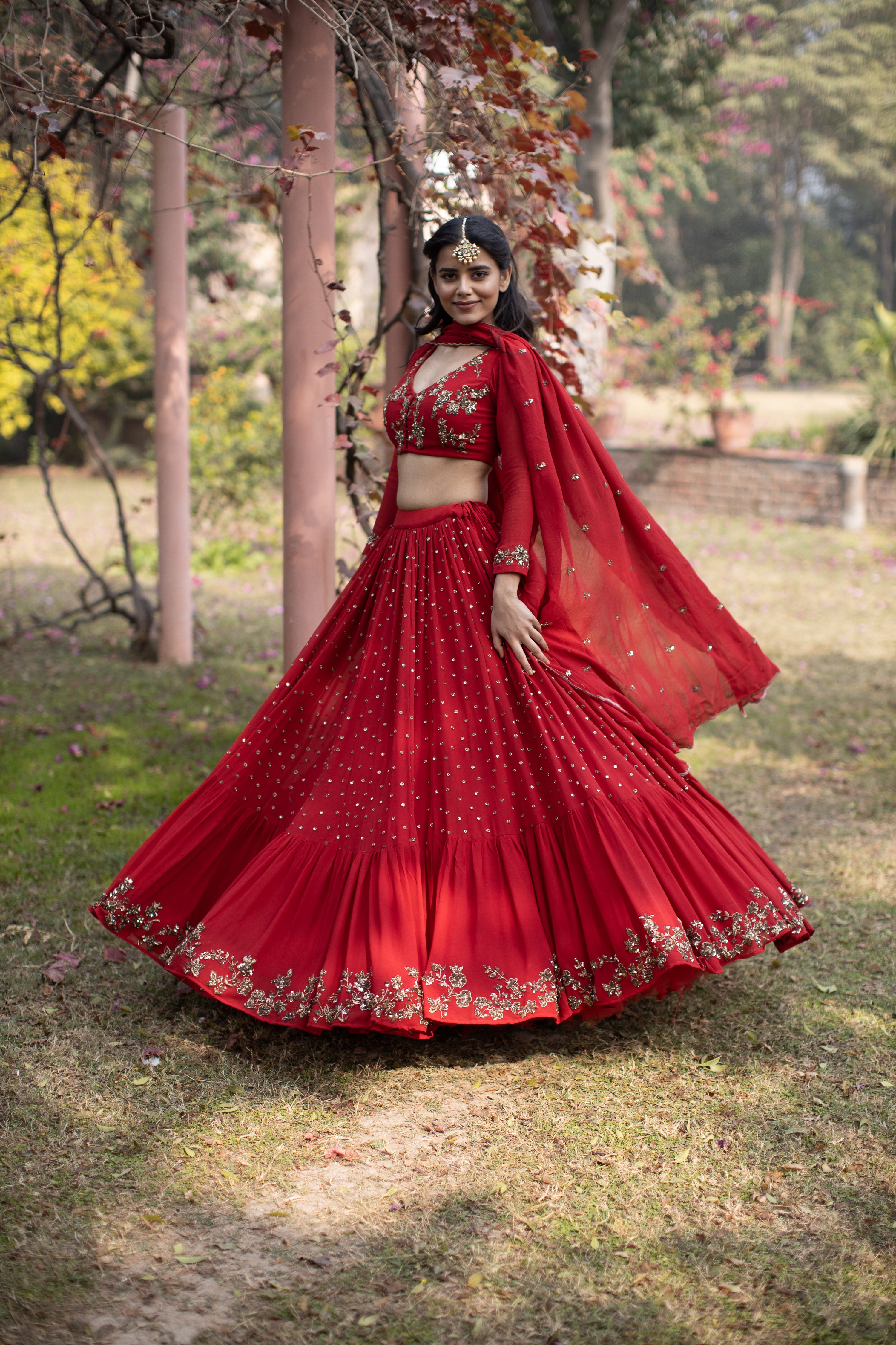 Red Booti Embroidered Georgette Lehenga (3-Piece) - Image 6