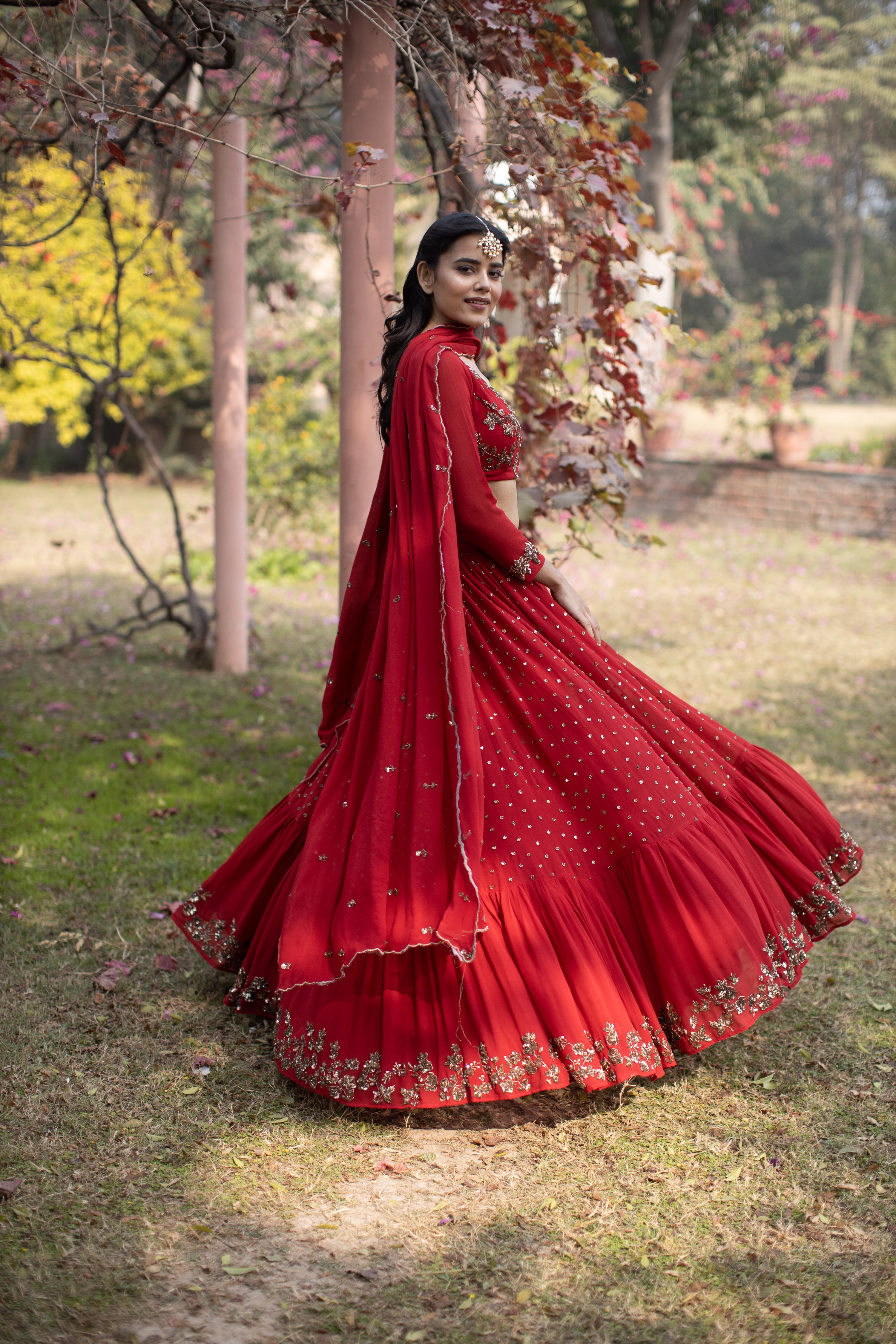 Red Booti Embroidered Georgette Lehenga (3-Piece) - Image 7