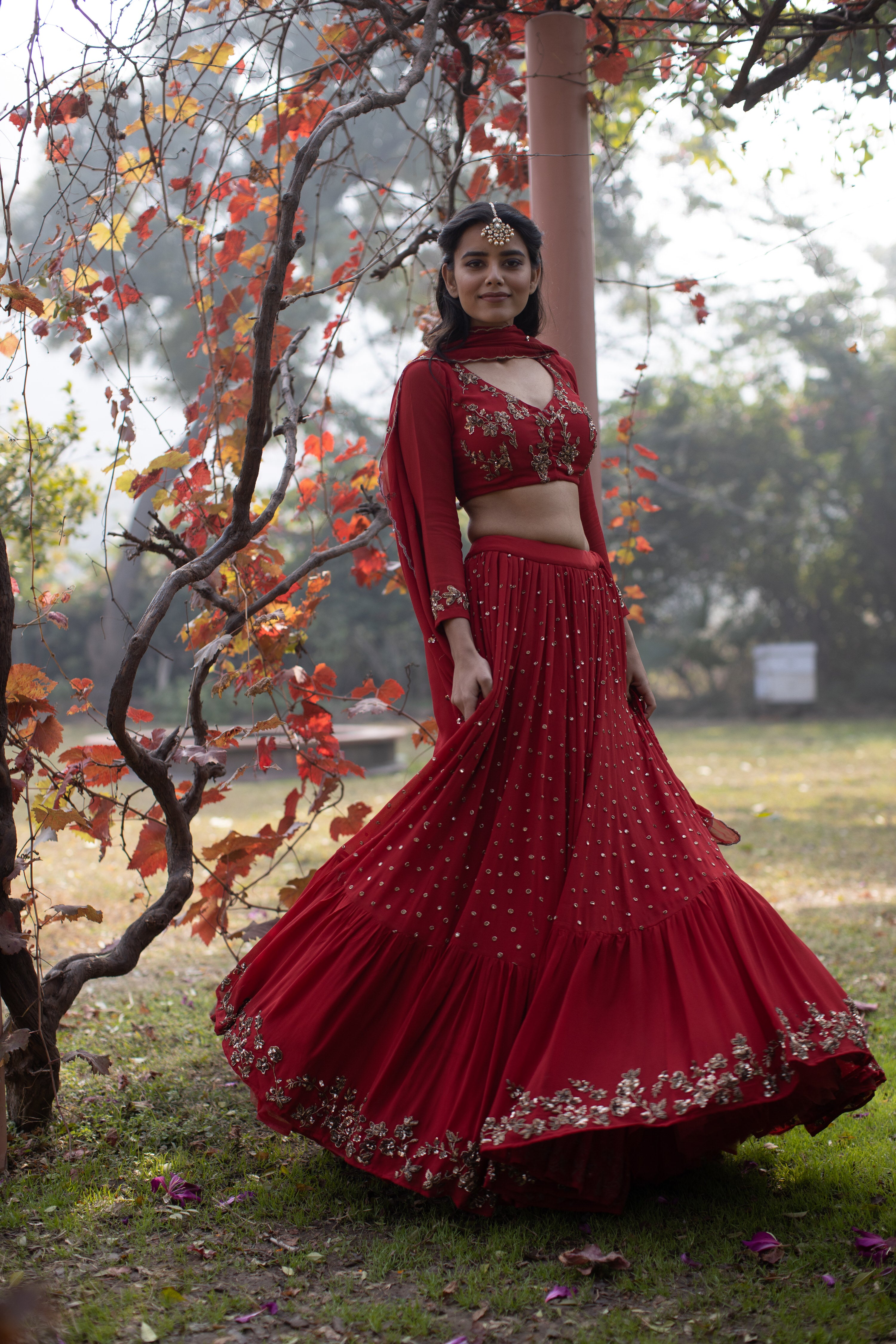Red Booti Embroidered Georgette Lehenga (3-Piece) - Image 8