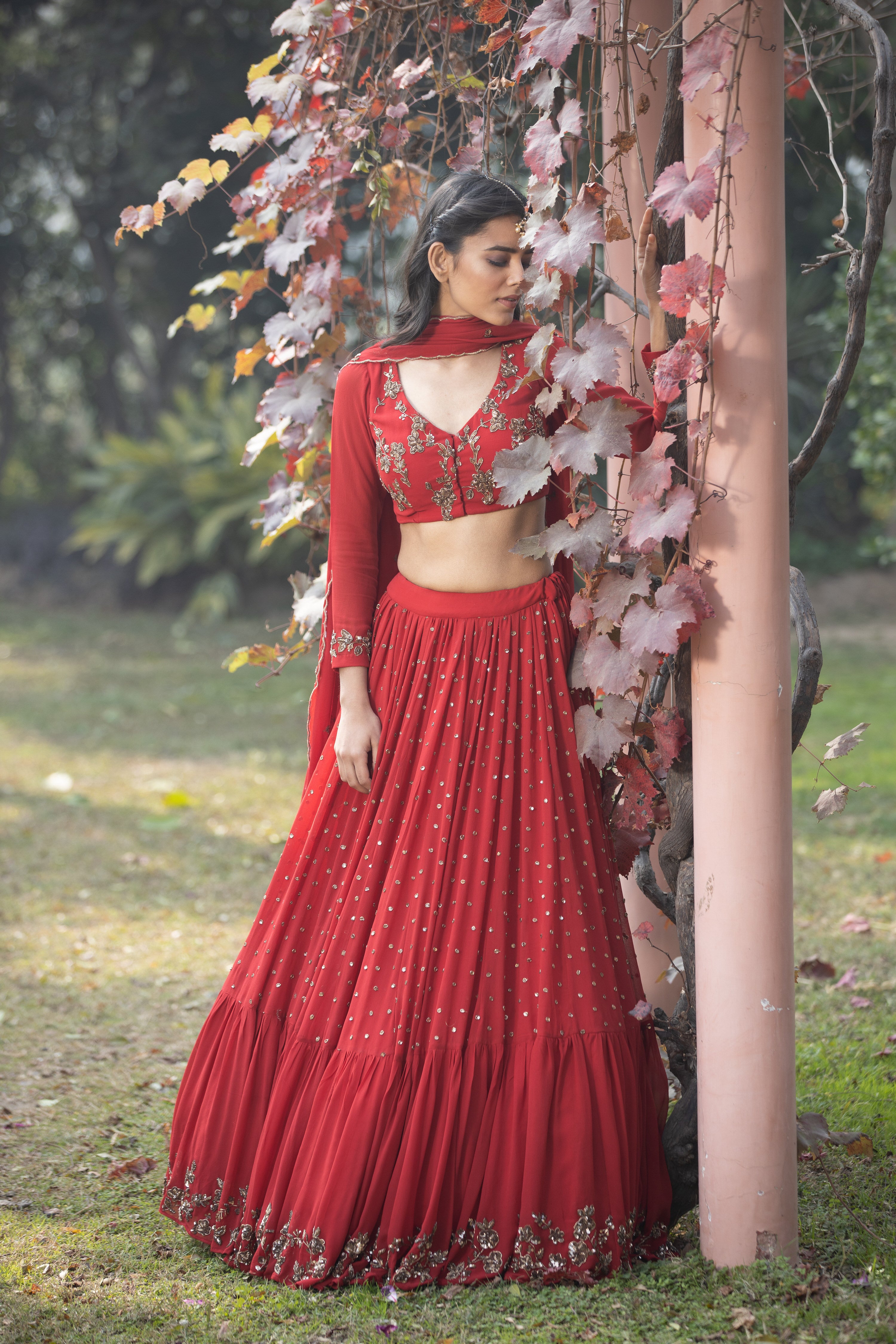 Red Booti Embroidered Georgette Lehenga (3-Piece) - Image 9