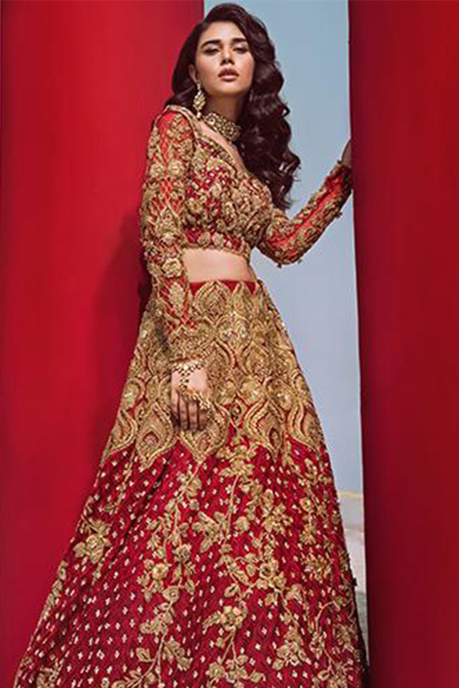 Pakistani Deep Red Embroidered Signature Fabric Lehenga (3-Piece) - Image 1